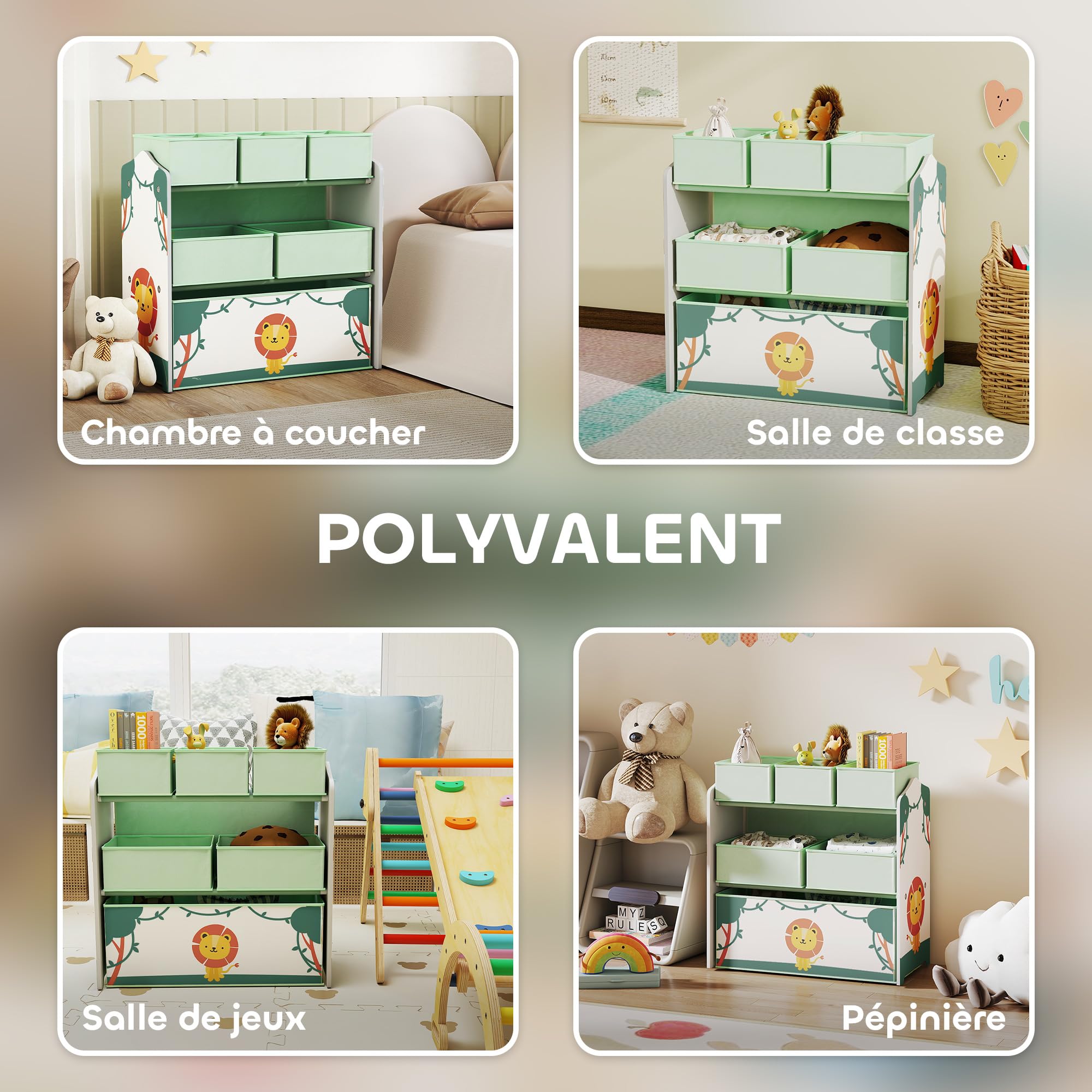 AIYAPLAY Mobile portaoggetti per bambini a 3 livelli, scaffale portaoggetti per giocattoli per bambini con 6 scatole in tessuto rimovibili, per cameretta dei bambini, sala giochi, asilo nido, verde