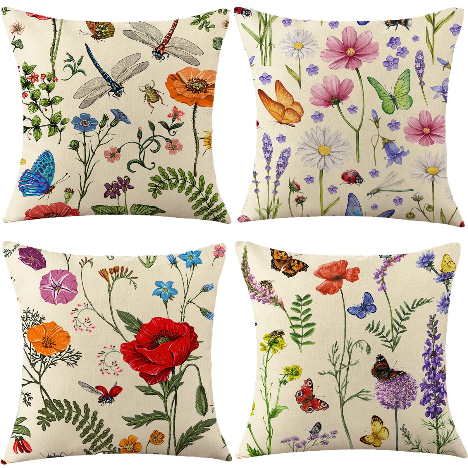YMQIANYU Set of 4 Cushion Covers 45x45 Vintage Floral Print Insect Pillowcases Linen Throw Pillow Covers for Sofa Couch Bed Living Room Decor
