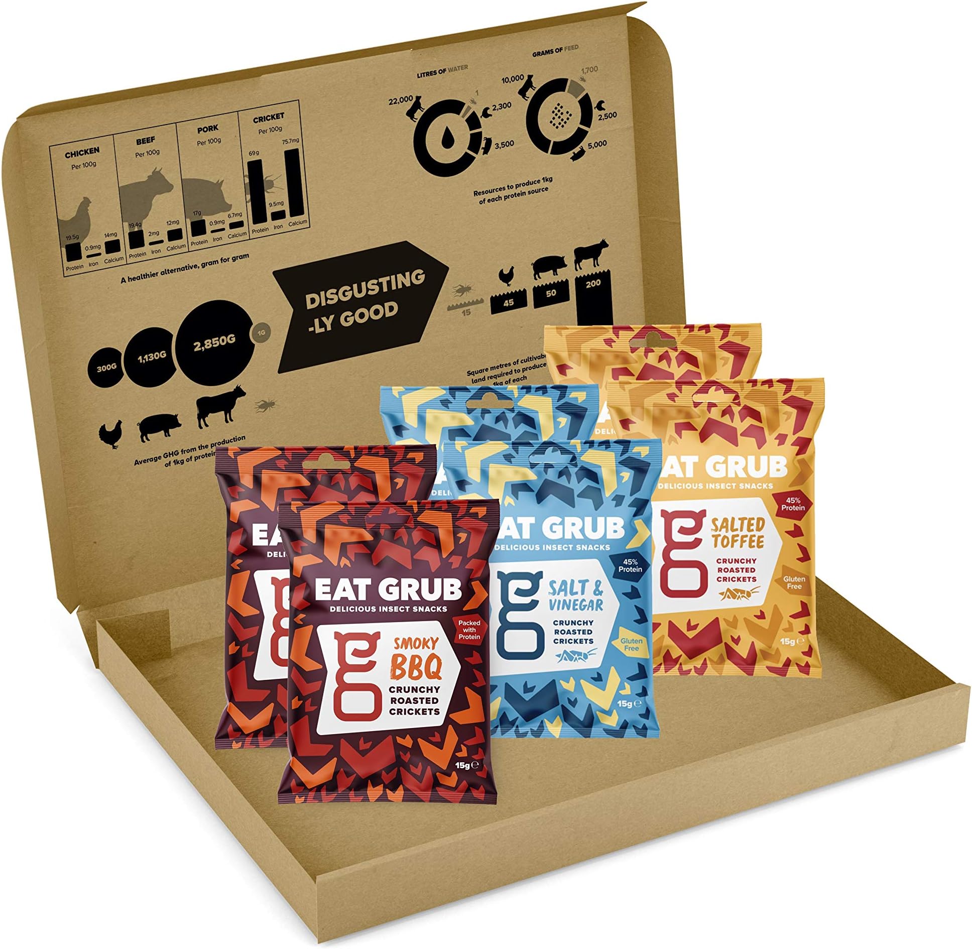 Eat Grub Crunchy Roasted Crickets - Edible Insects Set (6 pack, 90g, Salt & Vinegar, Salted Toffee and Smoky BBQ - Classic Combo)