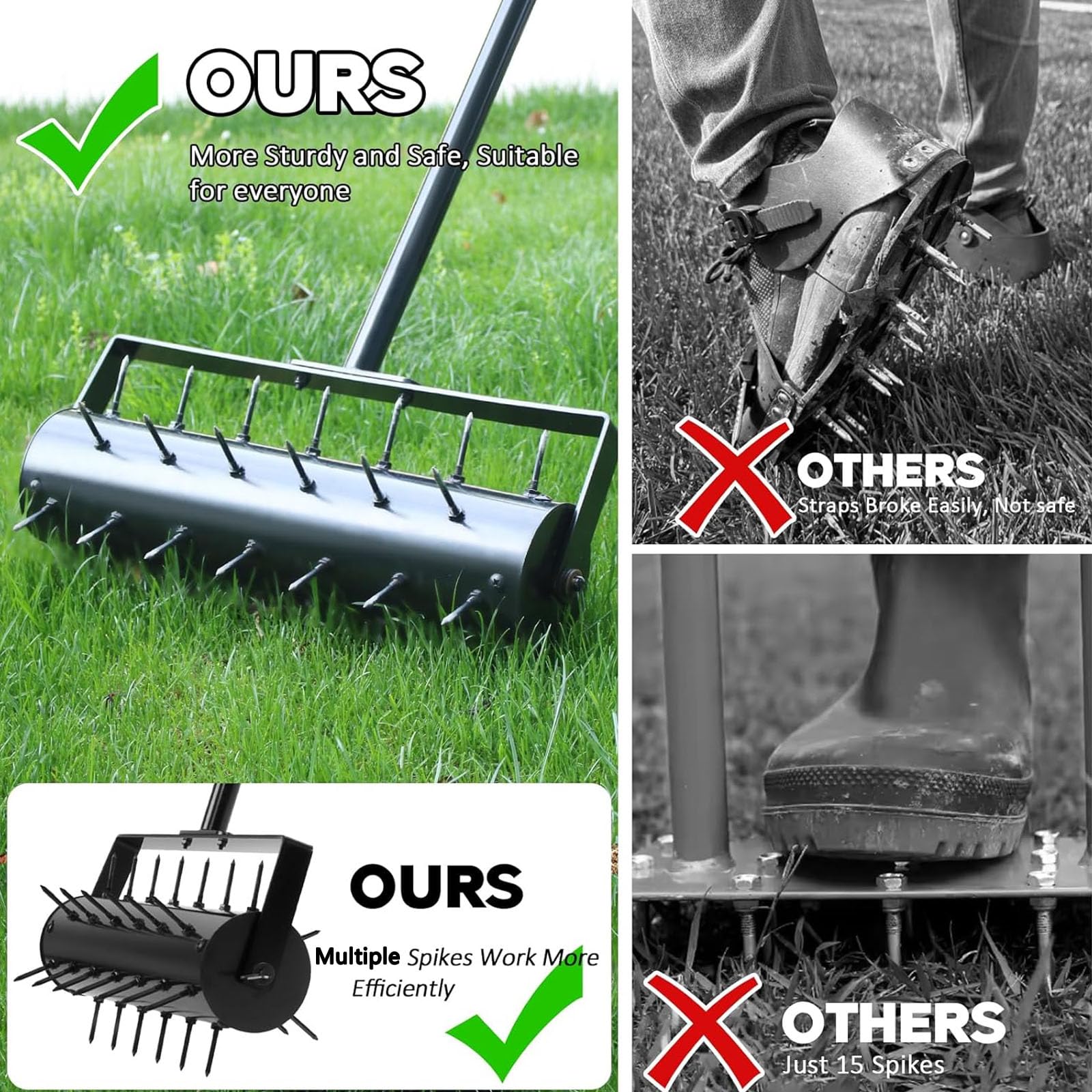 JOSBY Rodillo Aireador De Césped, Aireador Manual De Césped De Alta Resistencia para Patios, Aireador De Césped con Púas, Rodillo Escarificador Manual para Jardín, con Mango De Goma Ajustable