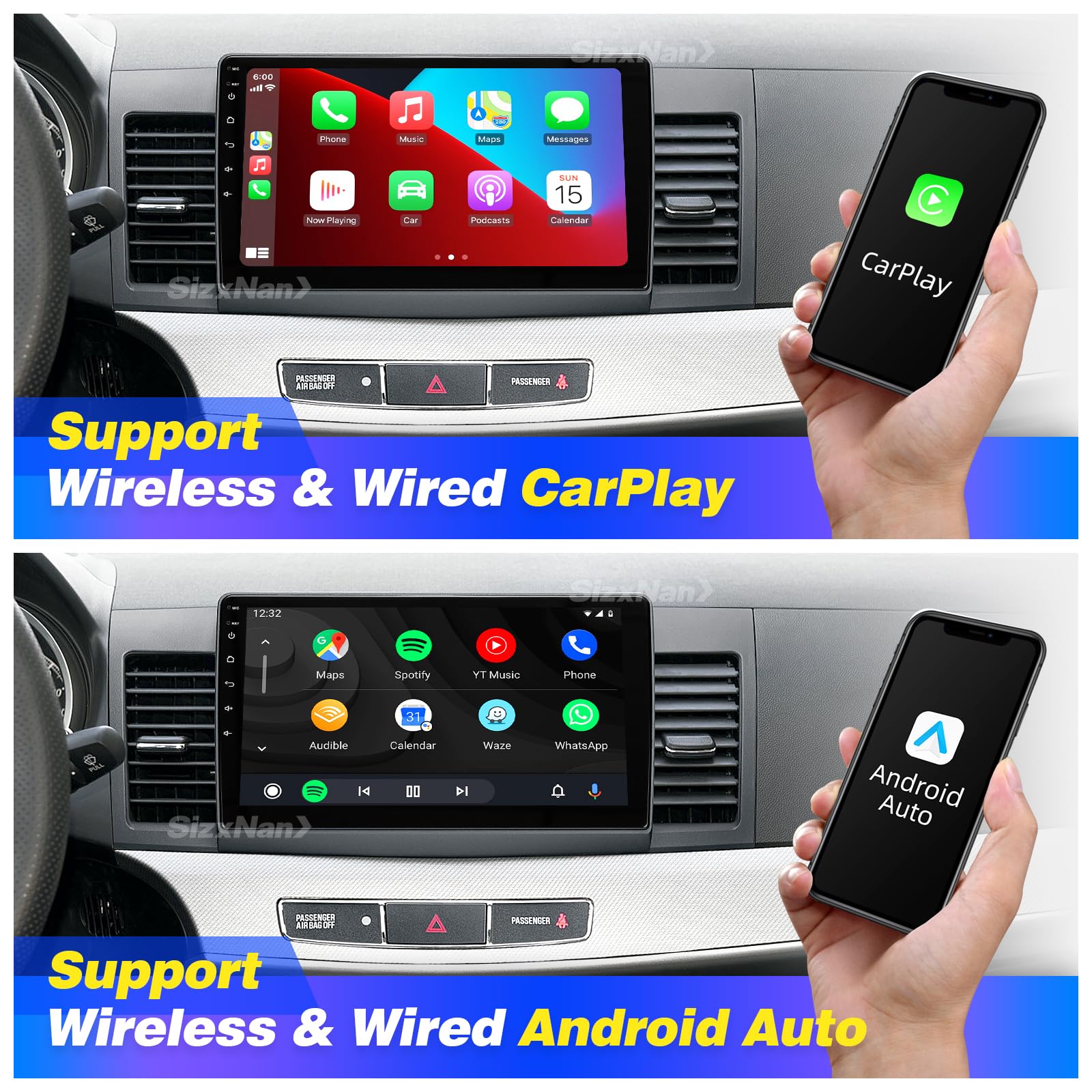 SizxNanv for Lancer 2008-2017 Android Radio Touch Screen Compatible with wirelessly Carplay Android Auto,Car Radio Stereo Bluetooth Navigation Multimedia Player GPS WiFi FM/AM Backup Camera Head Unit