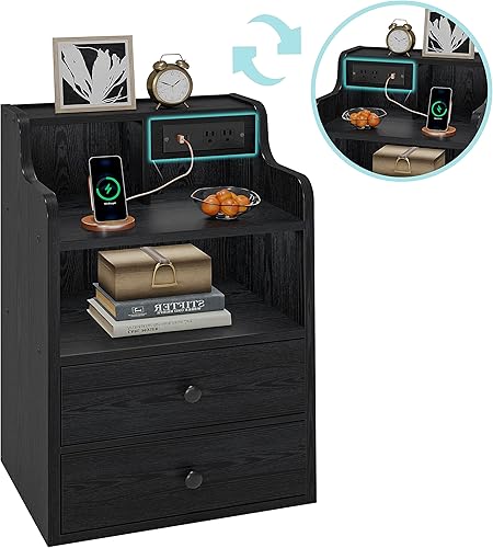 Miniatura 4 de LIKIMIO Mesita de noche negra con estación de carga LED, 2 cajones y estantes de almacenamiento, enchufes intercambiables izquierdo y derecho, mesa