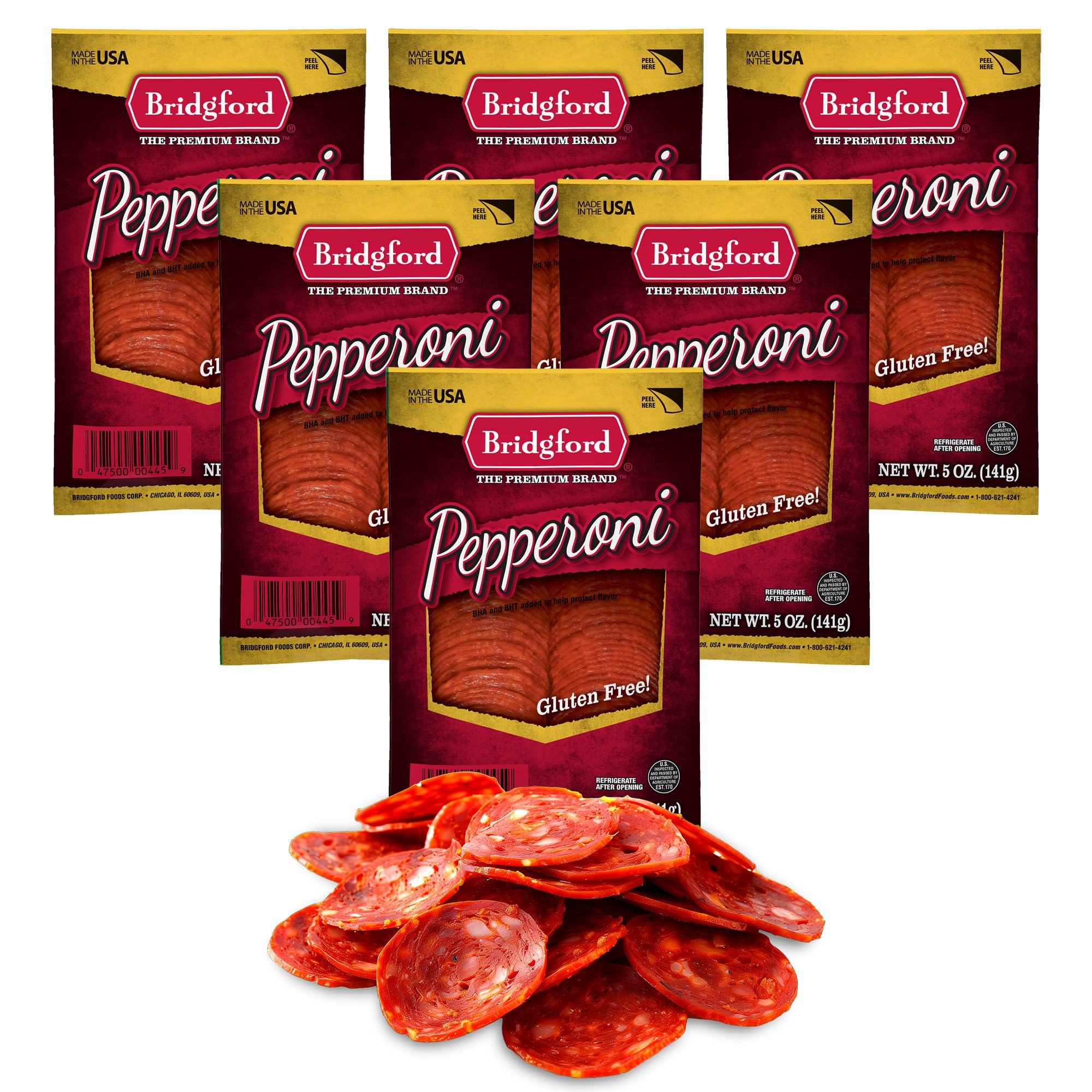 Bridgford Sliced Pepperoni 5 oz Pack of 6 - Gluten-Free Pepperoni Slices for Pizza and Sandwiches with Zero Carb Ideal for Keto Diets - Ready-to-Eat