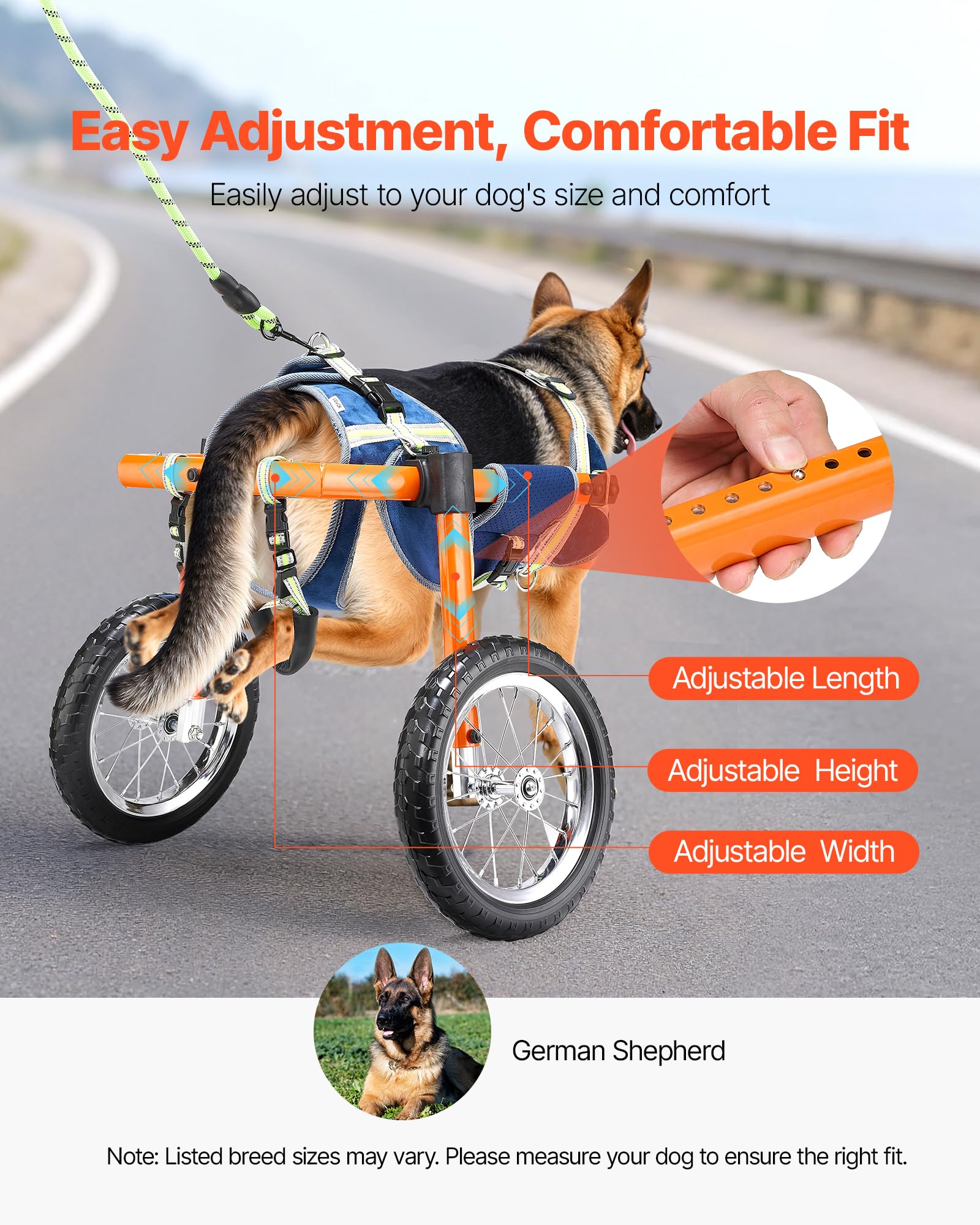 VEVOR Sedia a rotelle per cani per gambe posteriori, sedia a rotelle leggera a 2 ruote, regolabile in altezza, larghezza e lunghezza, carrello per cani con ruote ammortizzanti, per cani feriti e