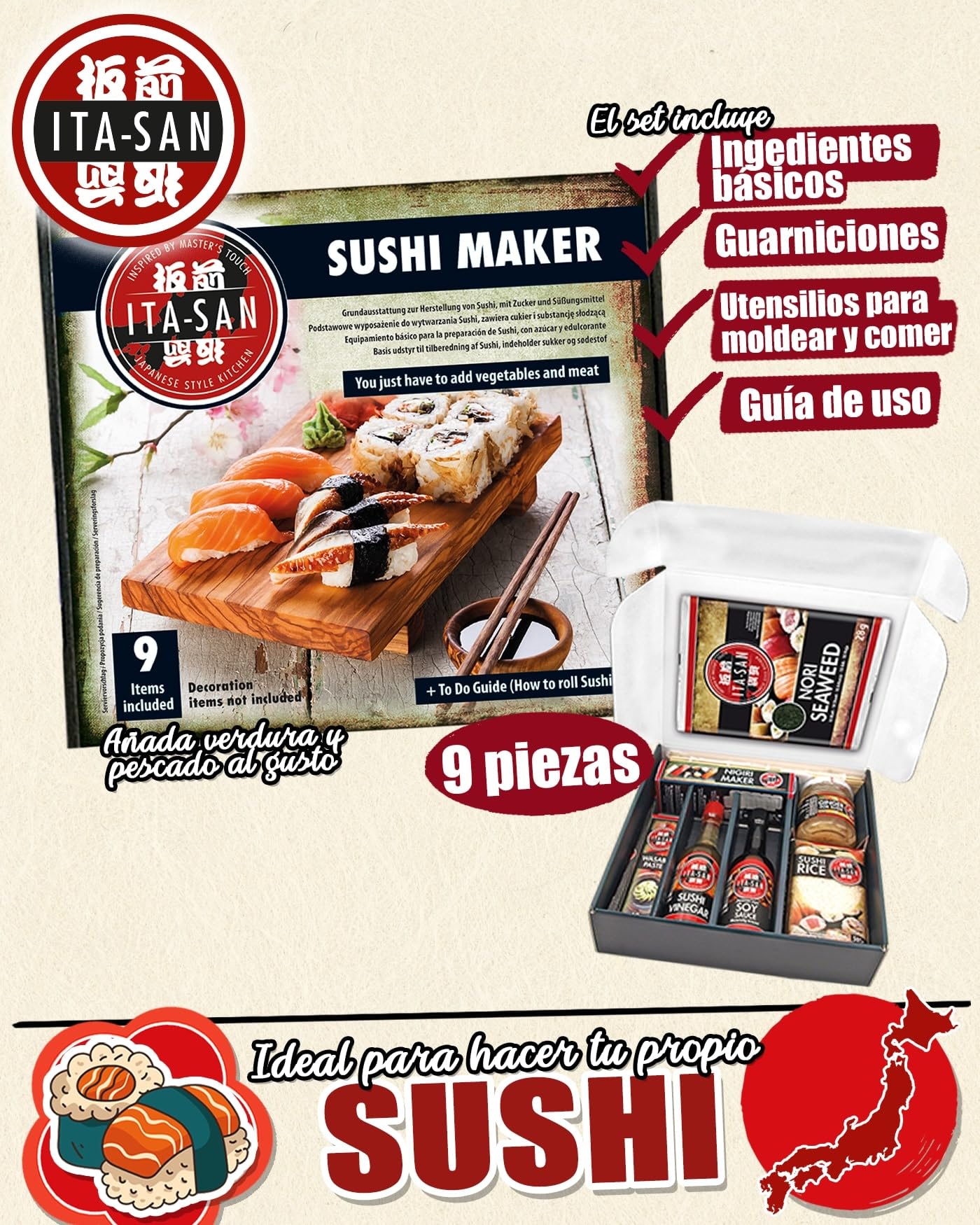 ITA-SAN Set de sushi, kit completo para hacer sushi de 9 piezas, ideal para probar o para regalar, para nigiri y sushi rolls, 1 unidad