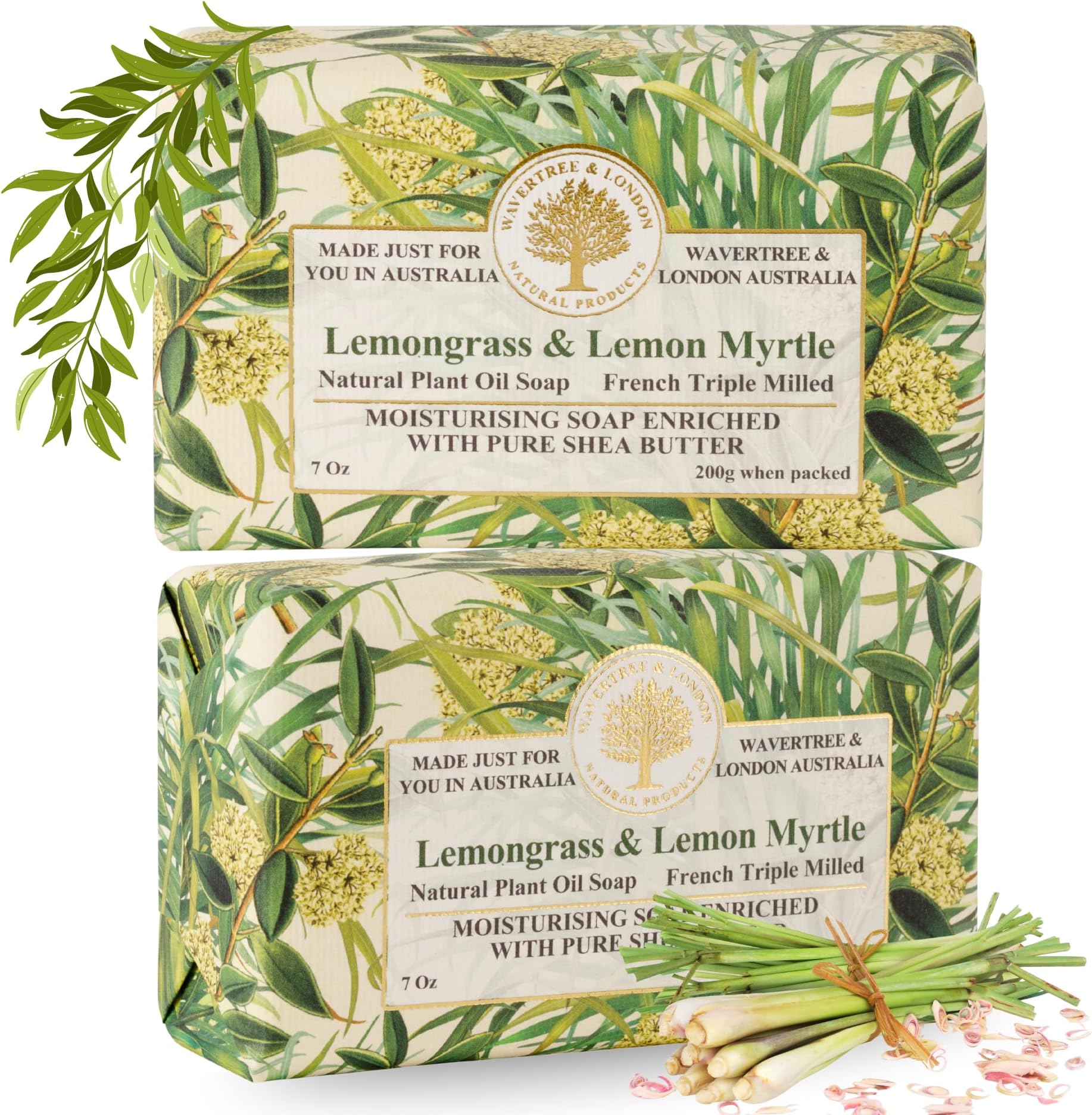 Lemongrass & Lemon Myrtle Scented Natural Soap (2 Bars), 7oz Moisturizing French Triple Milled Soap Bars enriched with shea butter - Pure Plant Oil Bath & Body Soap Bars