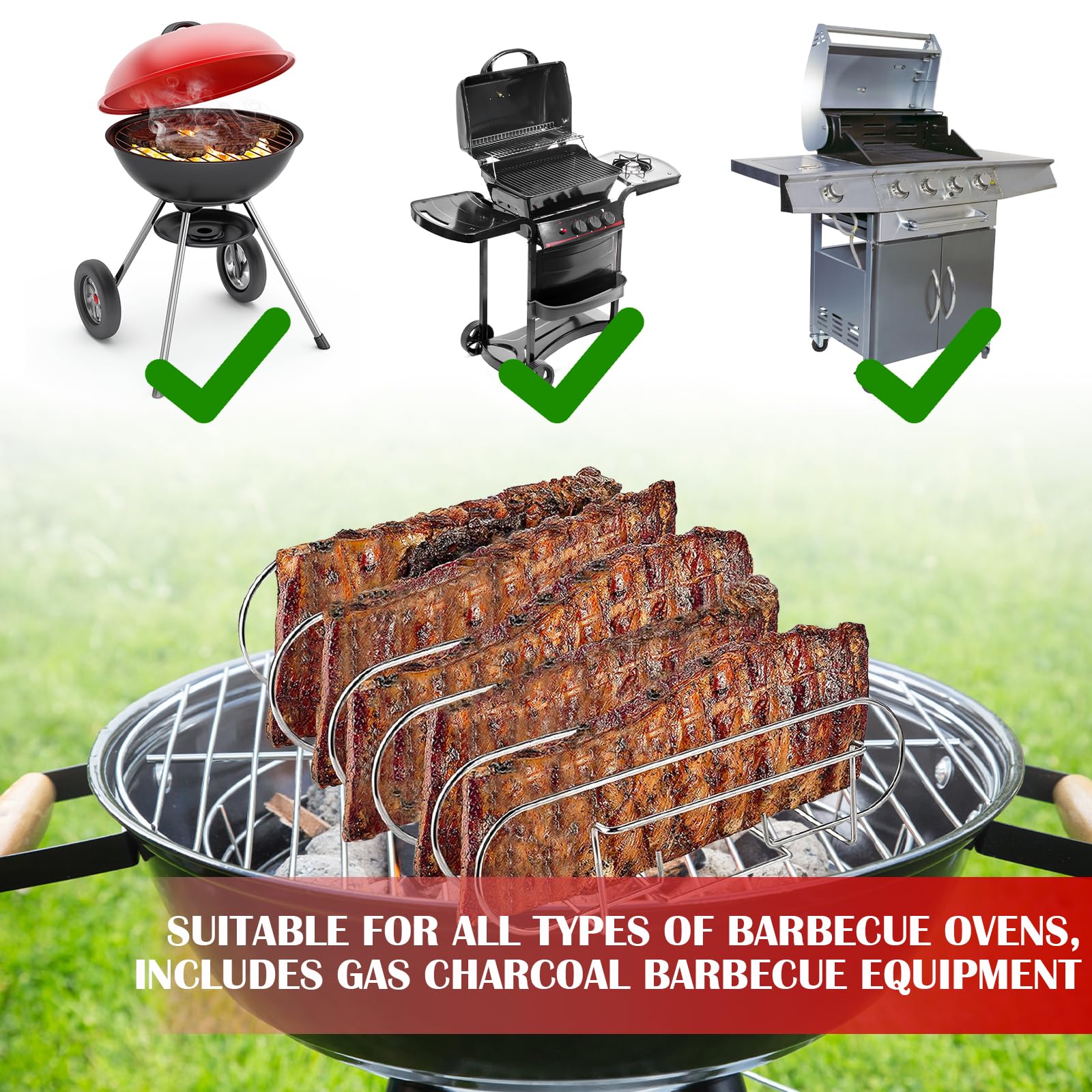Supporto Bistecche e Costine in Acciaio Inox, Supporto per Arrosto Bistecca, Cestello per BBQ Rib Rack, Spareribs Halter Grill, Telaio Griglia Barbecue 2 in 1 con 2 Pennello