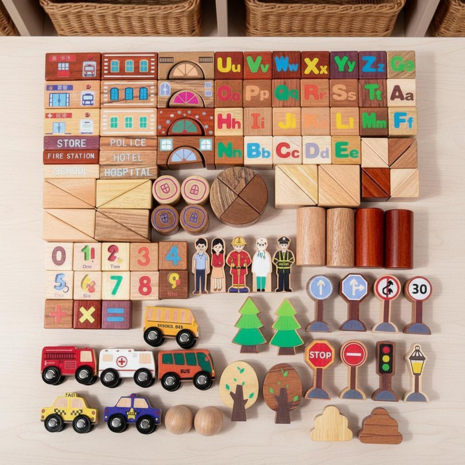 118 Pezzi Blocchi Costruzione Bambini Set Educativo Legno Scena Cittadina Segnali Auto Mattoncini Tattili in Faggio per Fantasia E Problem Solving