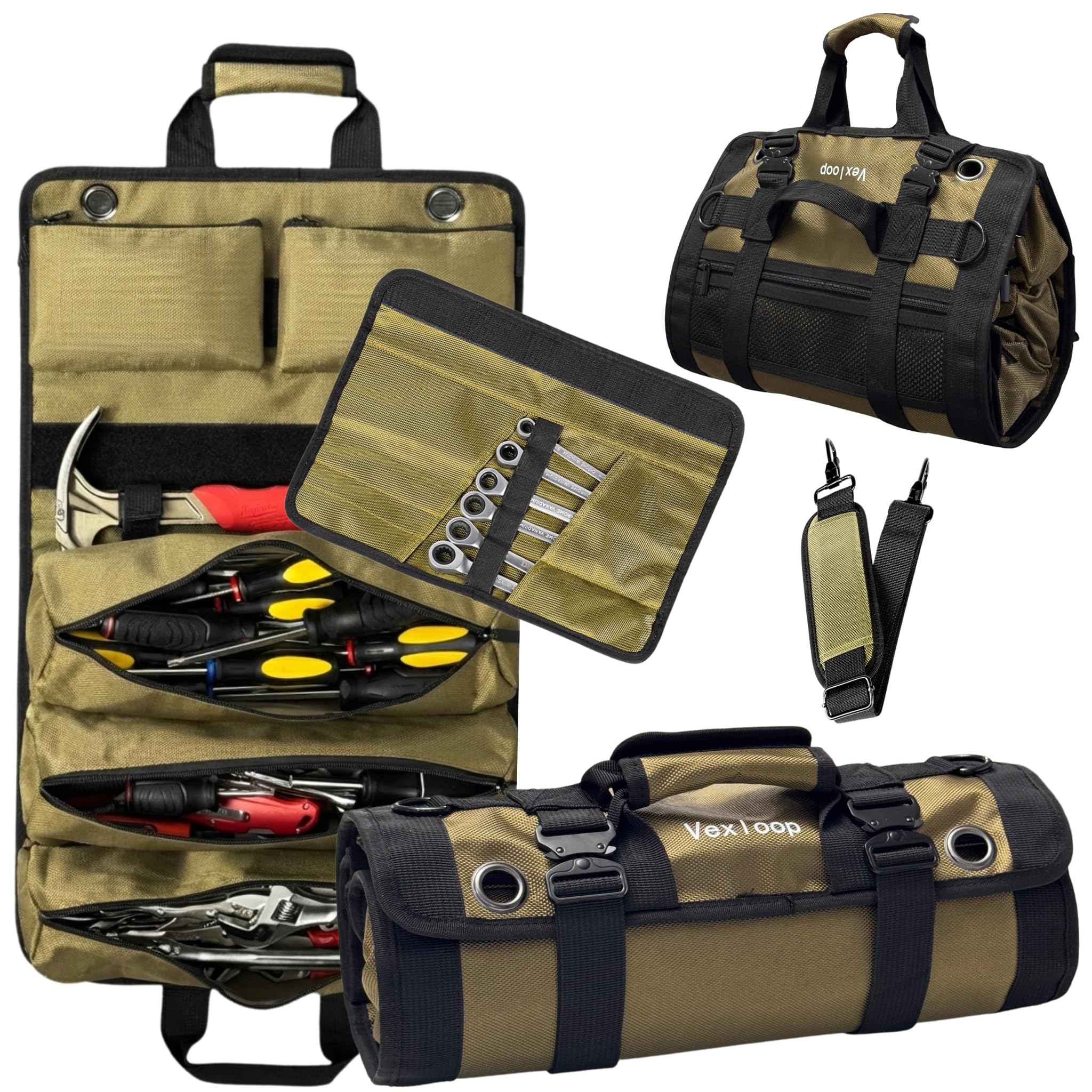 Heavy-Duty Tool Roll Bag Organizer Aluminium Clasp Ultra Thick Puncture Resistant Mechanic Roll tool Bag for Truck Jeep