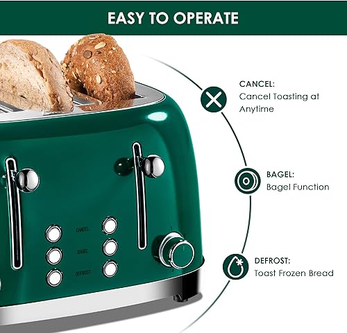 Miniatura 4 de Roter Mond Tostadora de 4 rebanadas de acero inoxidable retro con función de cancelación de descongelación de bagel, 6 ajustes de tostado, ranura