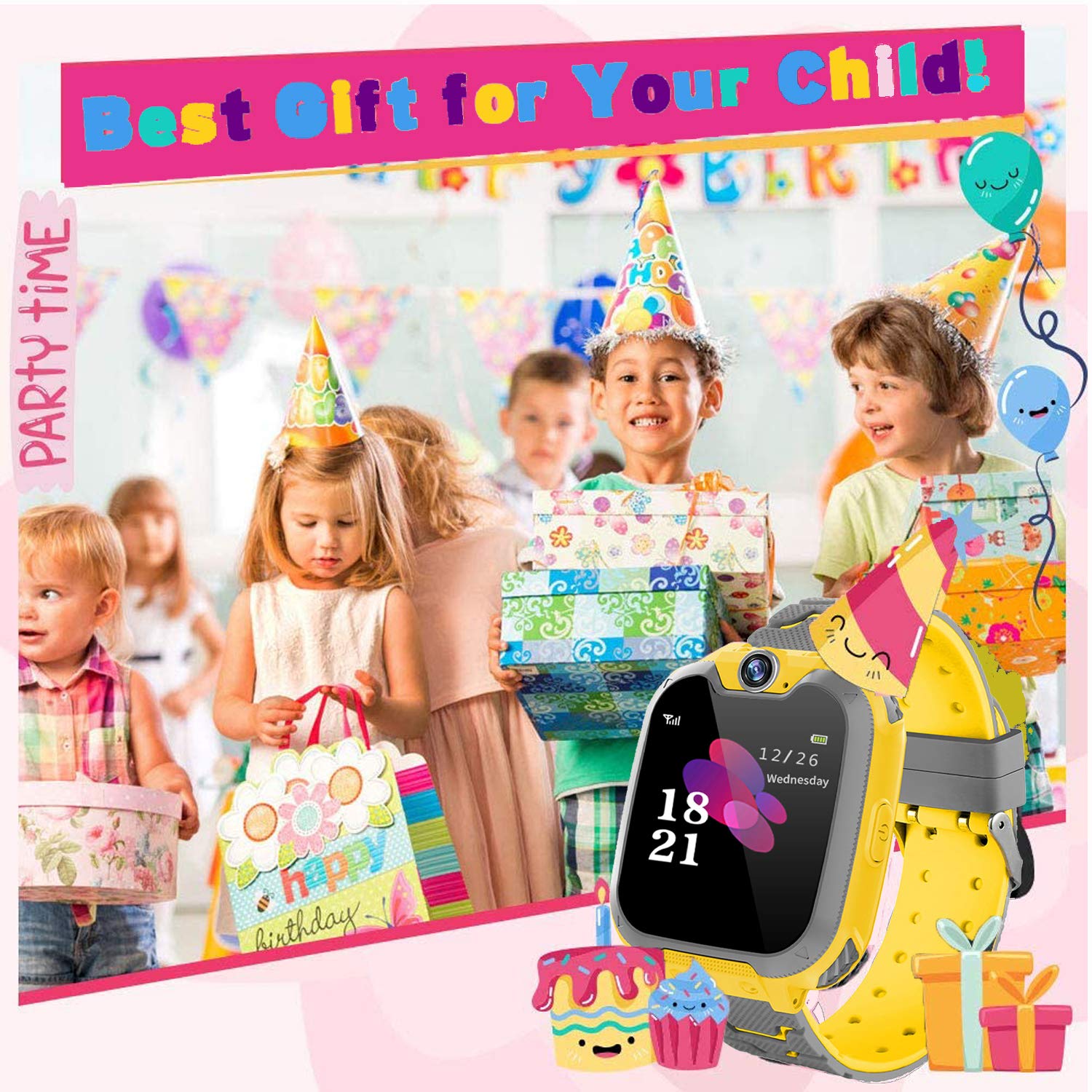 PTHTECHUS® Smartwatch für Kinder- Uhr Telefon für Mädchen Jungen mit Anruffunktion SOS Musik Playe Spiel Kamera Taschenlampen Wecker-Kids Smart Watch Student Telefonieren Geburtstag Geschenk Gelb