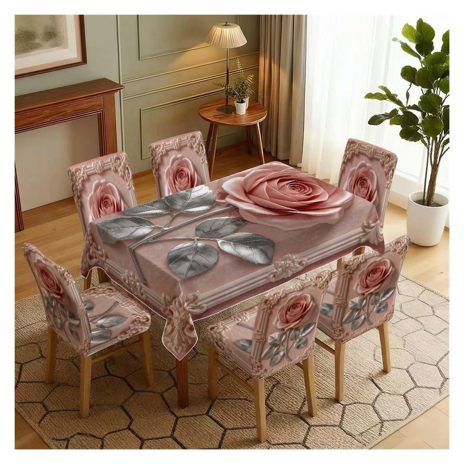 KXUAUV Stretch Dining Chair Slipcover & Tablecloth Set, Pink Rose Baroque Print, 5/7 Pack, For Wedding Bridal Tea Party Elegant Romantic Home Decor Party Decor(7pcs Set: Tablecloth+Chair Covers)
