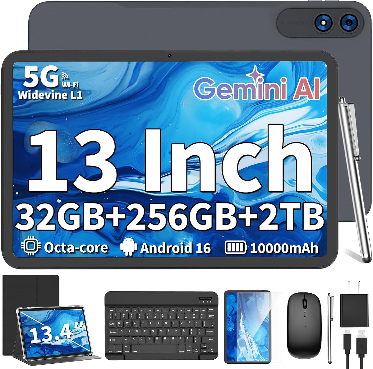Tableta de 13 pulgadas con teclado, tableta Android 16 con Gemini AI (funda negra) | Tableta PC expandible de 32GB+256GB+2TB con 8 núcleos, 10000mAh, pantalla de 120Hz 1920x1200, GPS, tabletas grandes 2 en 1 con mouse, lápiz óptico