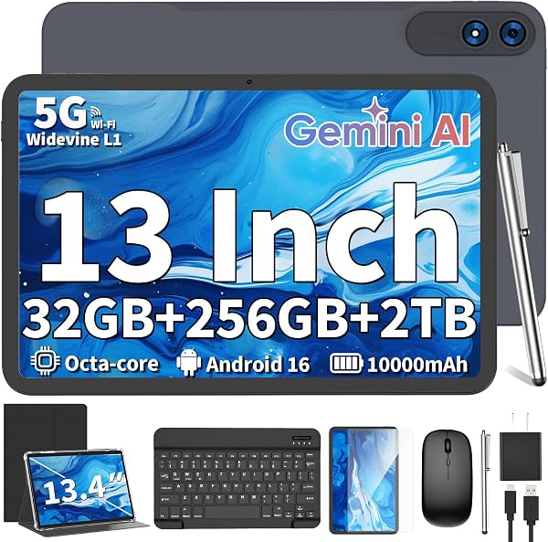 Tableta de 13 pulgadas con teclado, Android 16 con Gemini AI (funda negra) | 32GB+256GB+2TB expandible, PC tableta con 8 núcleos, 10000mAh, pantalla 120Hz 1920x1200, GPS, tableta grande 2 en 1 con mouse y lápiz