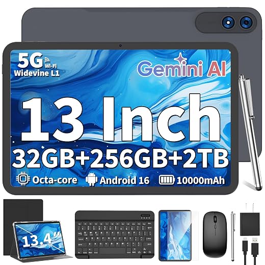 13 Inch Tablet with Keyboard, Android 16 Tablet with Gemini AI(Black Case)