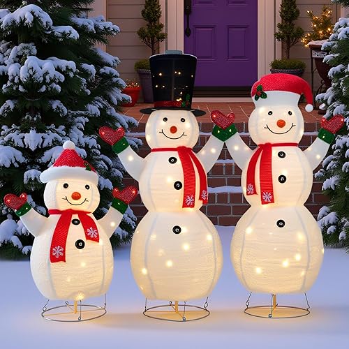 Miniatura 8 de YULETIME Familia de muñecos de nieve 3D preiluminados de 3 piezas, 60, 56 y 38 pulgadas, decoración navideña con 250 luces LED (familia muñeco de