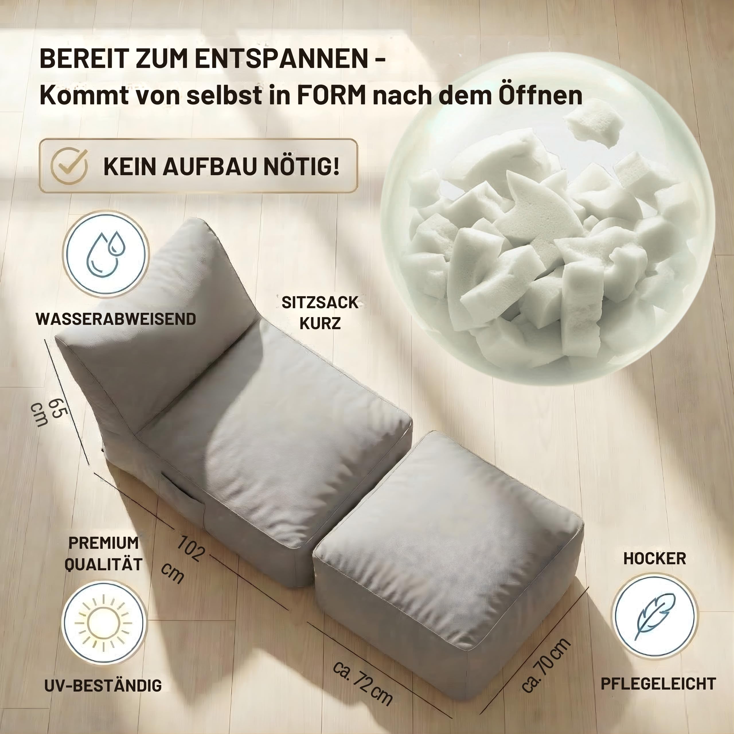 Premium XXL Outdoor Sitzsack-Liege mit Memory Foam Füllung, wetterfest & UV-beständig, 600D Oxford Nylon, für Garten, Balkon, Pool (Beige/Hellgrau/Dunkelgrau) (Dunkelgrau, Sitzsack lang)