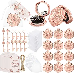 Geetery 24 Pcs Rose Gold Compact Mirrors with Brush Bulk Quinceanera Party Favors for Guests with Key Bottle Opener Thank You Tags Bridal Shower Wedding Party Souvenir Guest Gifts Game Prizes(12 Set)