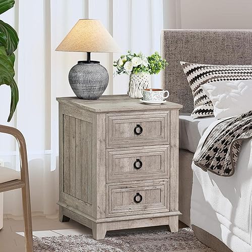 Miniatura 53 de Juego de 2 mesitas de noche estilo granja de 18" con estación de carga, cómoda con mesa auxiliar de 2 cajones para dormitorio, mesita de noche de