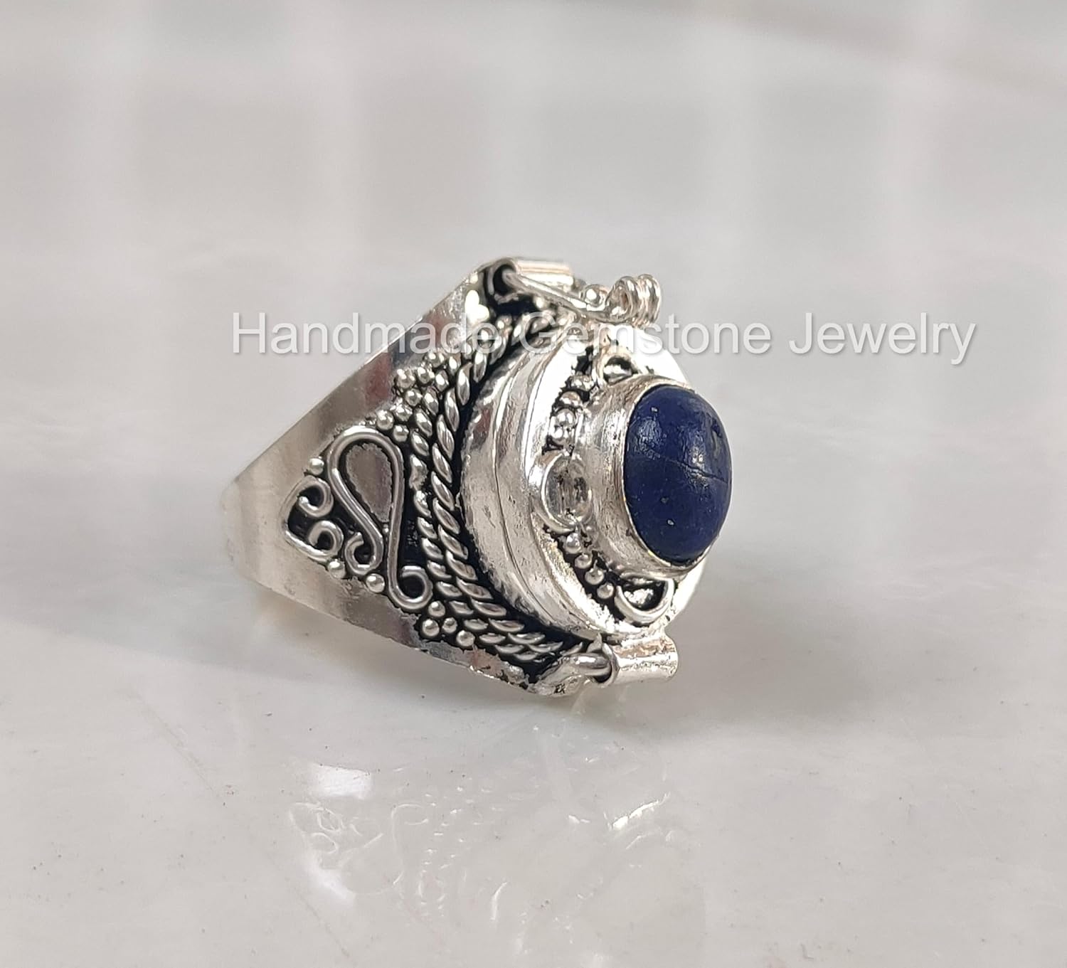 Lapis Lazuli Ring, Poison Box Ring, Poison Ring, Storage Box Ring, Locket Ring, Blue Sapphire ~ Gemstone Box Ring, Oval Stone Ring, Poison Pill Box, Handmade Poison Ring