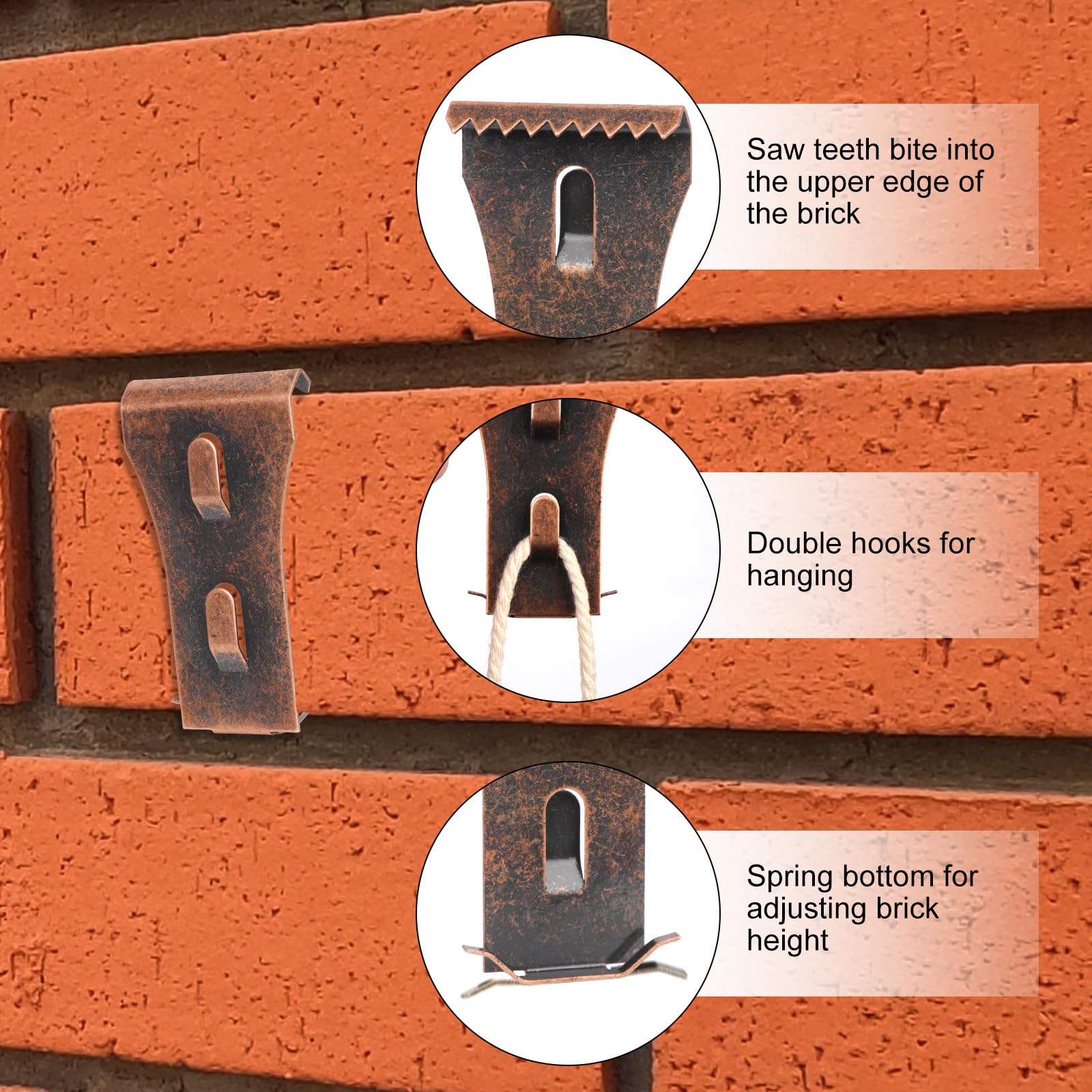 10pcs Metal Brick Hook Clips,Steel Brick Fasteners Wall Hooks for Hanging Outdoors Heavy Duty Brick Hooks No Drill for Pictures Lights Wreaths Hanger Fits 2.25-2.45 Inch High Bricks (Red Copper Color) - Image 4