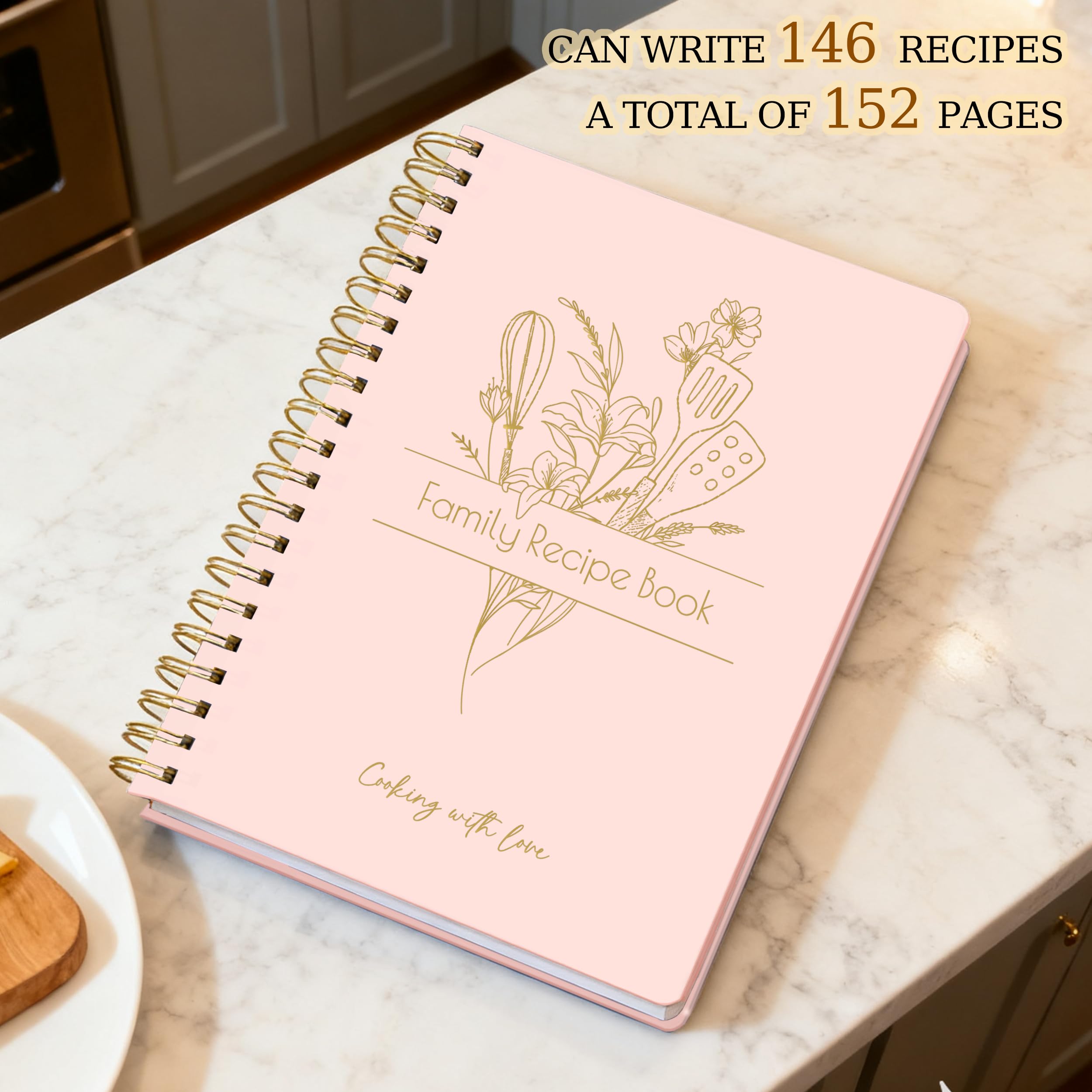 Libro de recetas para escribir en tus propias recetas, libro de cocina en espiral en blanco, 150 páginas con capacidad para 144 recetas, elegante diario de recetas grande, tapa impermeable, diseño