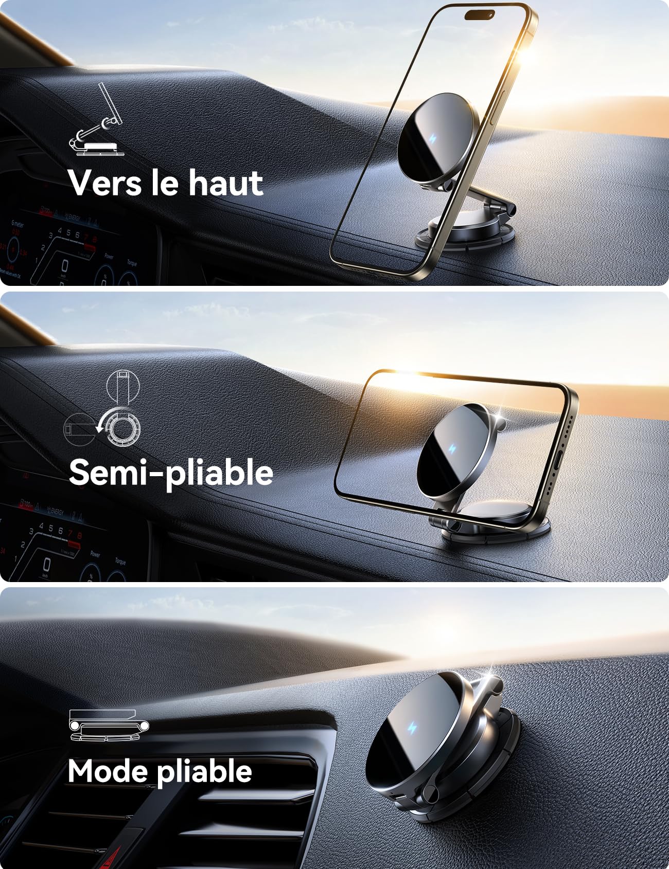 JOYROOM MagSafe Chargeur Voiture Tableau de Bord [Tout Métal & Pliable] Support Telephone Voiture Induction 15W, Chargeur Induction Voiture Magnetique pour iPhone 17 16 15 14 13 12 Air Pro Max Plus