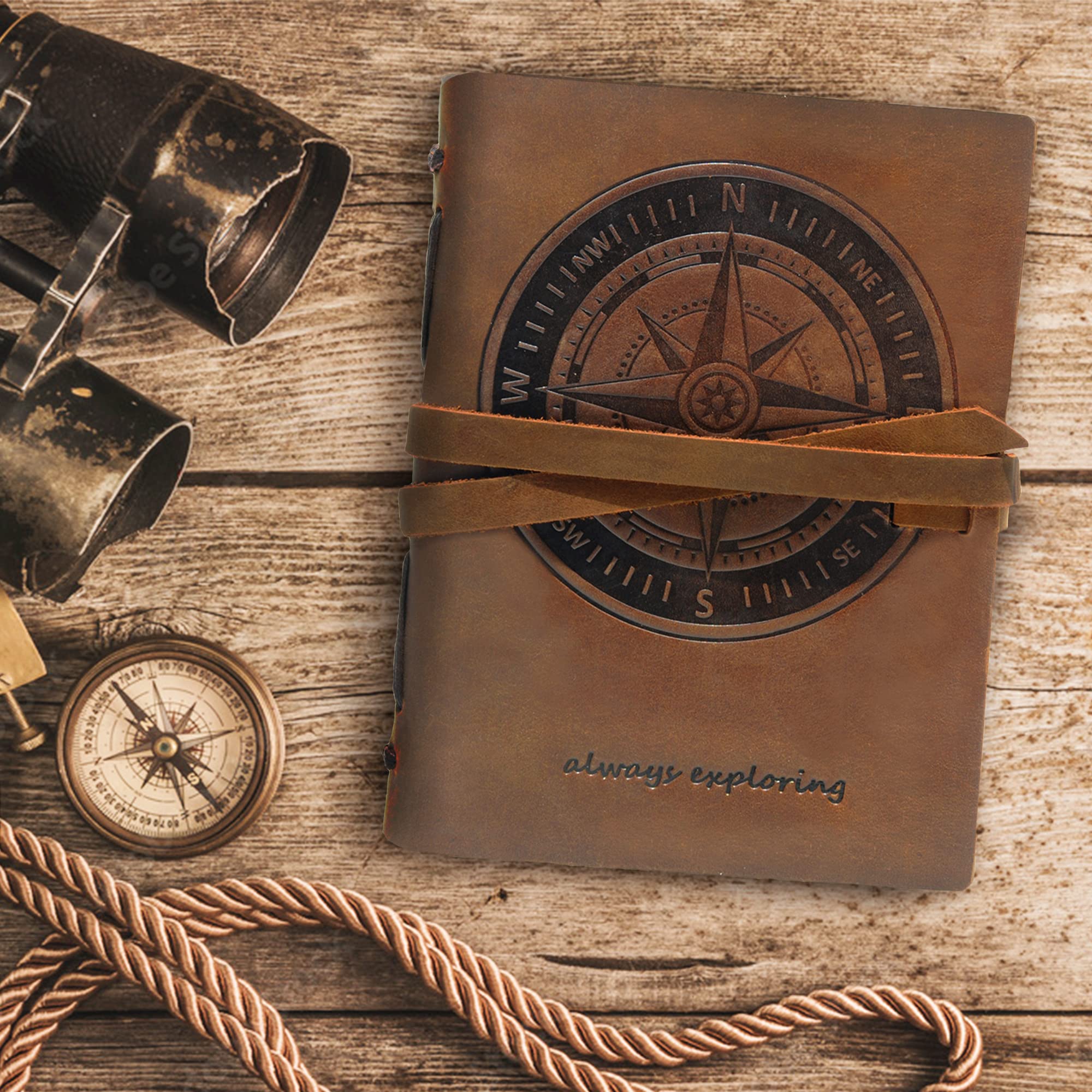 Quaderno Appunti in Pelle Bussola Nautica – A5 Diario di Viaggio Taccuino Donna e Uomo Fatto a Mano – Agenda con Fogli Bianchi – 21 x 15 cm (8" x 6") – Idee per Regali Originali