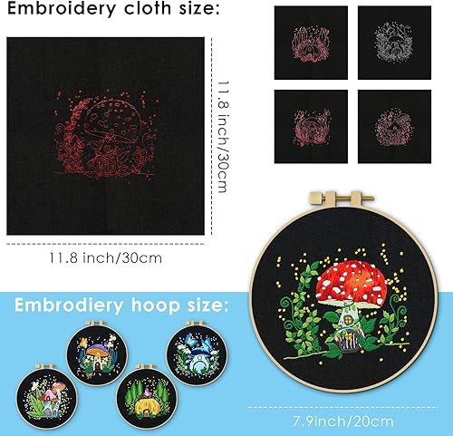 Miniatura 7 de ERKOON Juego de 5 juegos de bordado para principiantes, juego de costura práctico para manualidades, kit de inicio de punto de cruz de hongos, kits