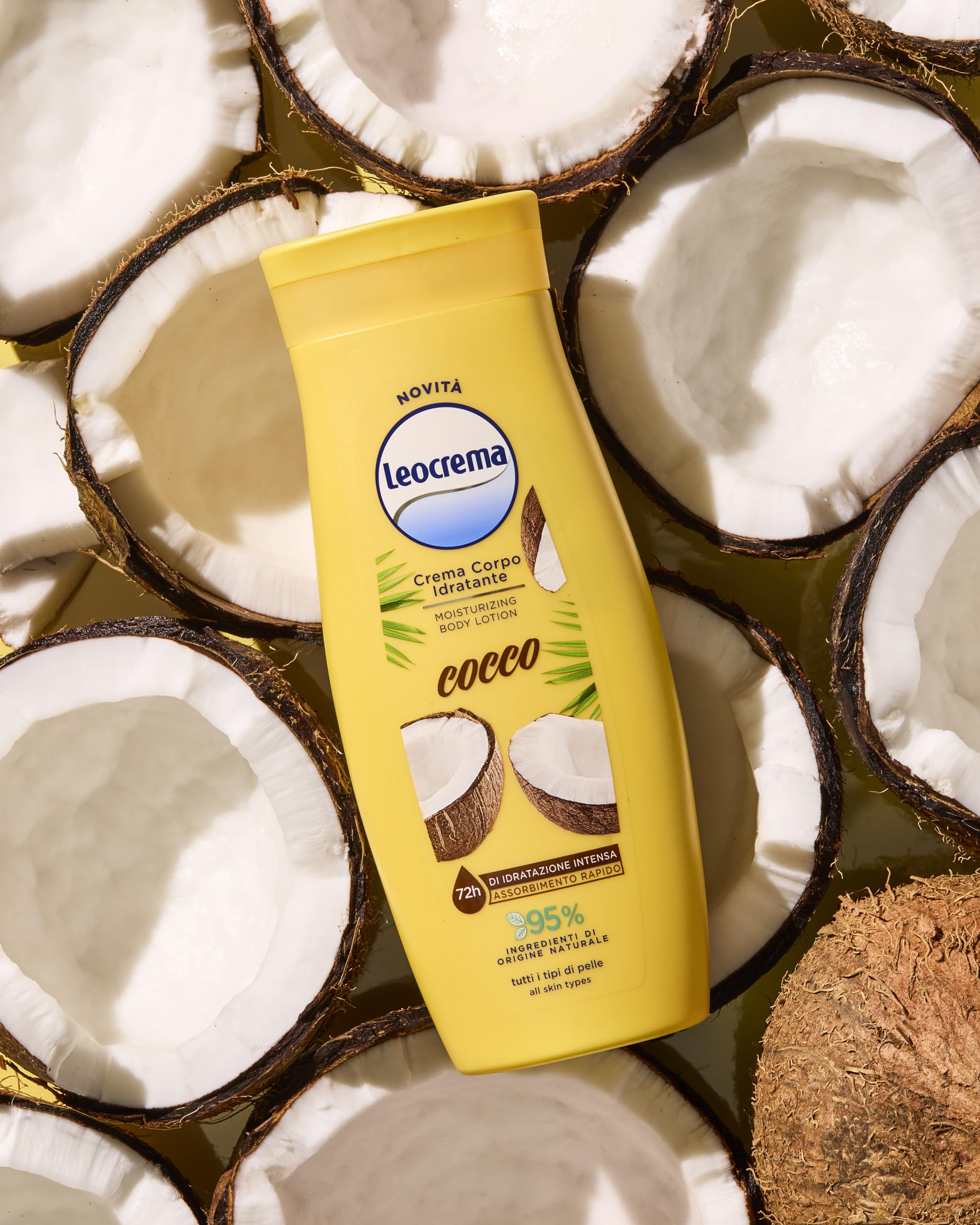 Leocrema, Crema Corpo Idratante al Cocco, Texture Leggera e Fluida per Tutti i Tipi di Pelle, 72H di Idratazione, 95% Ingredienti di Origine Naturale, 250ml