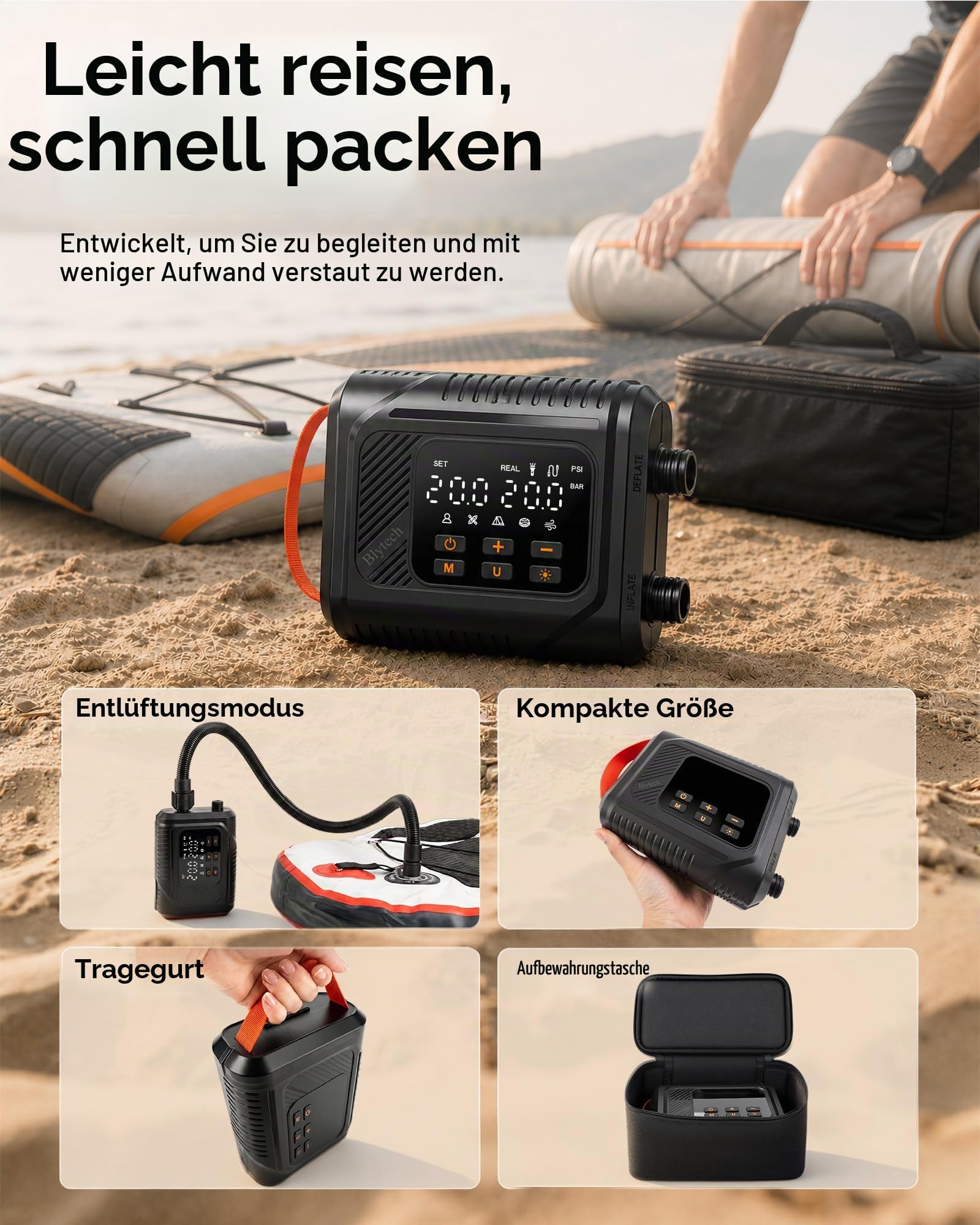 Elektrische SUP Pumpe 20 PSI, mit 12V-DC-Autoanschluss, ohne Akku | Betrieb über 12V-DC-Autosteckdose. Dual-Stage, Aufblasen, Entlüften und Auto-Stopp,für SUP, Kajaks, Zelte & Pools.