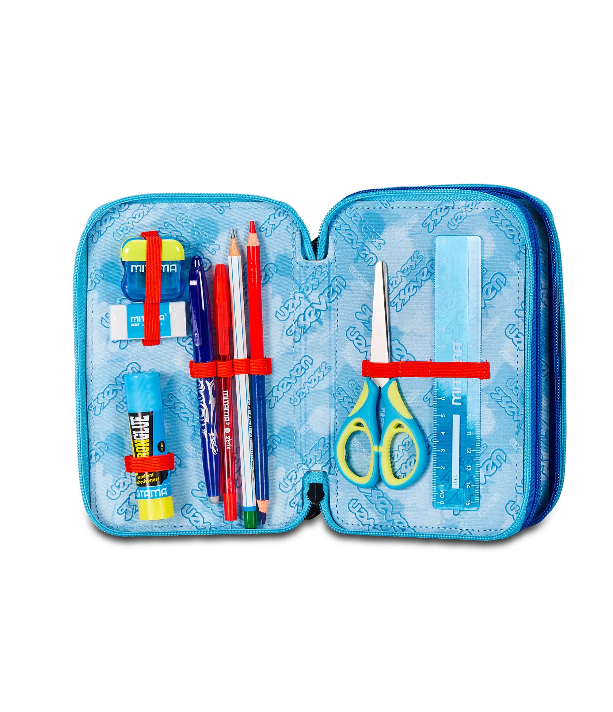 Seven Astuccio Scuola 3 Zip, Blue Deep, Mapset Boy, Portapenne Triplo Scomparto Completo Di Penne, Matite, Colori, Accessori Zaino, Elementari, Medie, Superiori, Ragazzo Ragazza