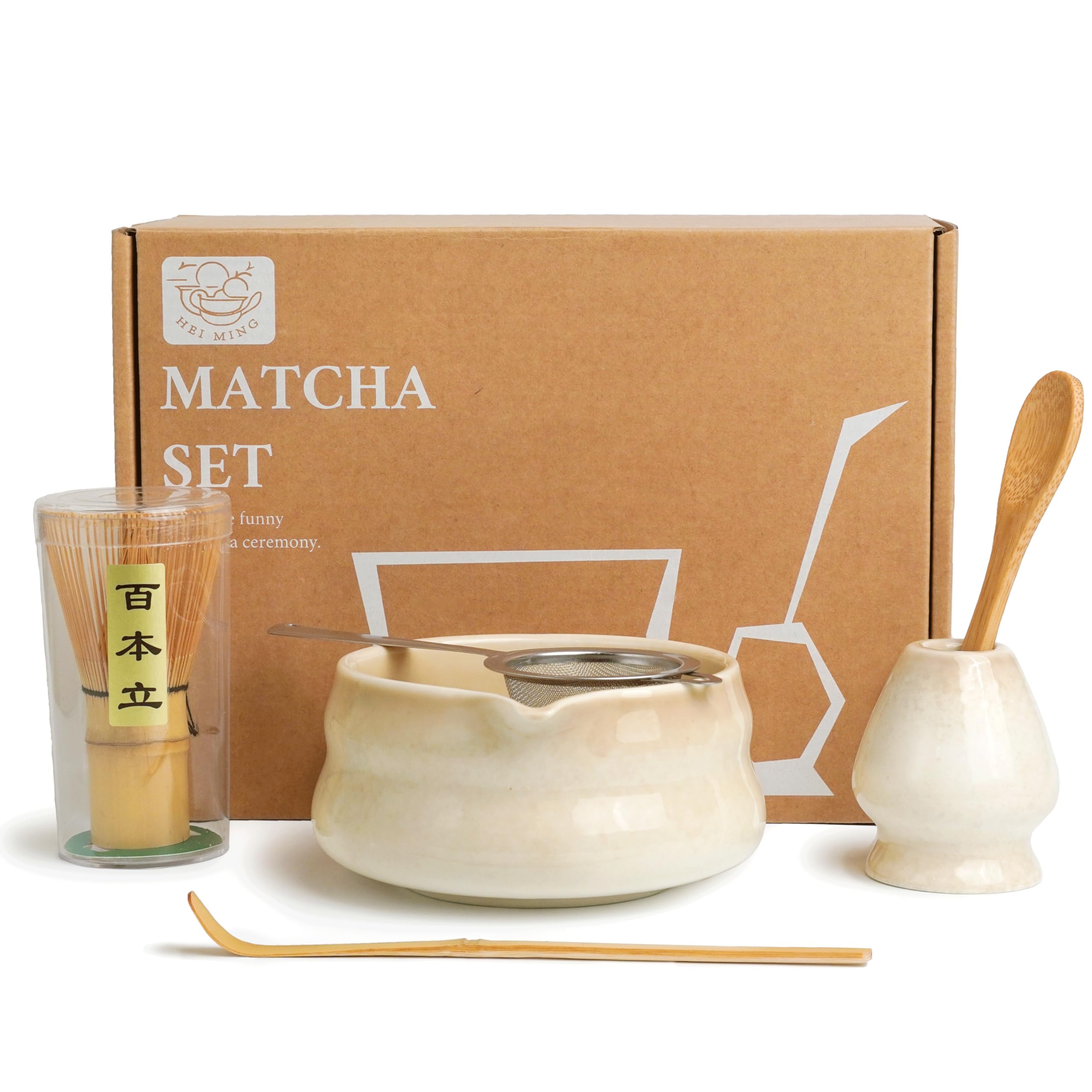 Set Matcha Premium 6 pièces – Set Exclusif pour Thé Matcha avec Chasen en Bambou, Bol Céramique Beige, Tamis, Cuillère & Accessoires, Cadeau Original pour le Matcha