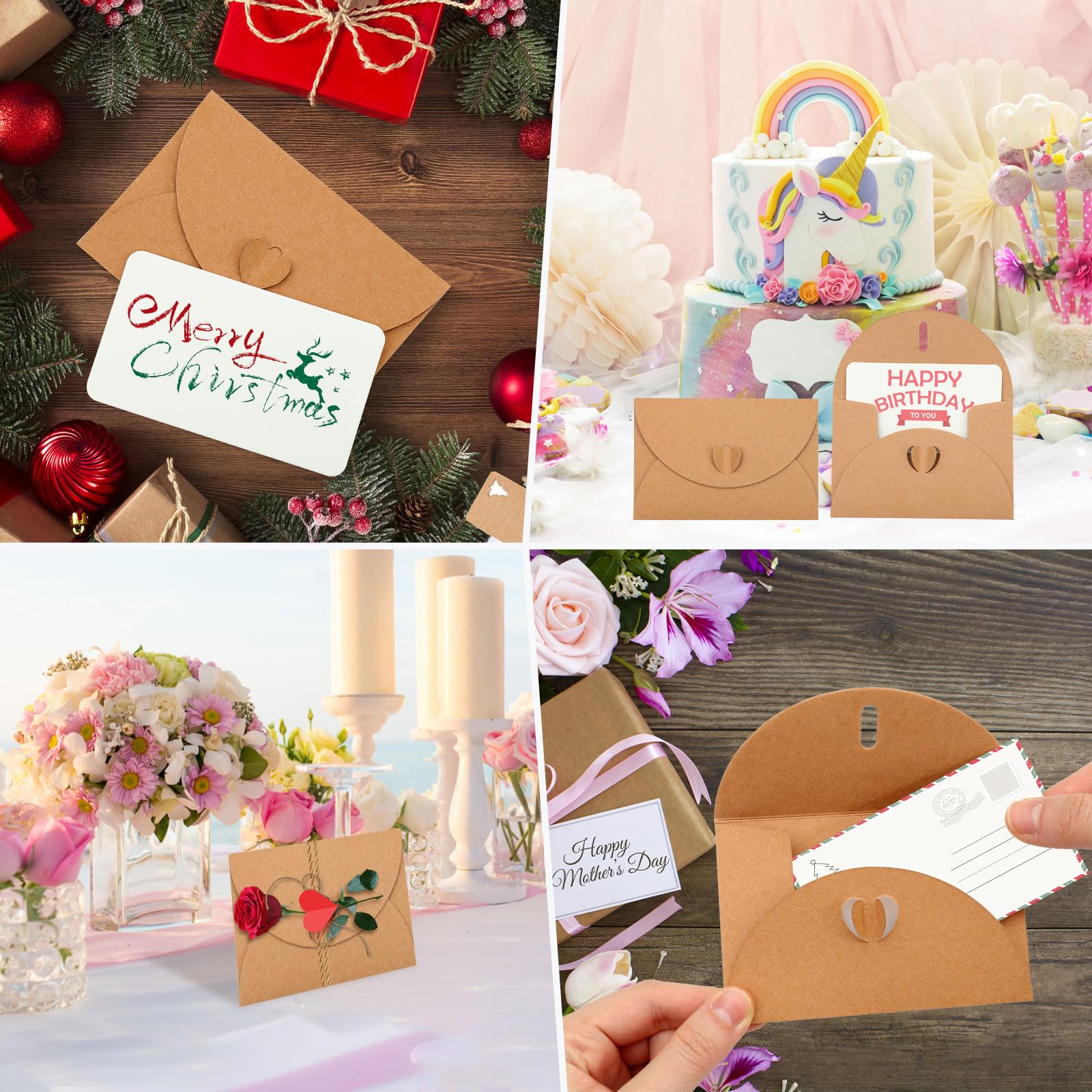 Buste di Carta Kraft 10.5x7cm con Carte Bianche, Chiusura a Cuore Farfalla per Regali Fai da Te