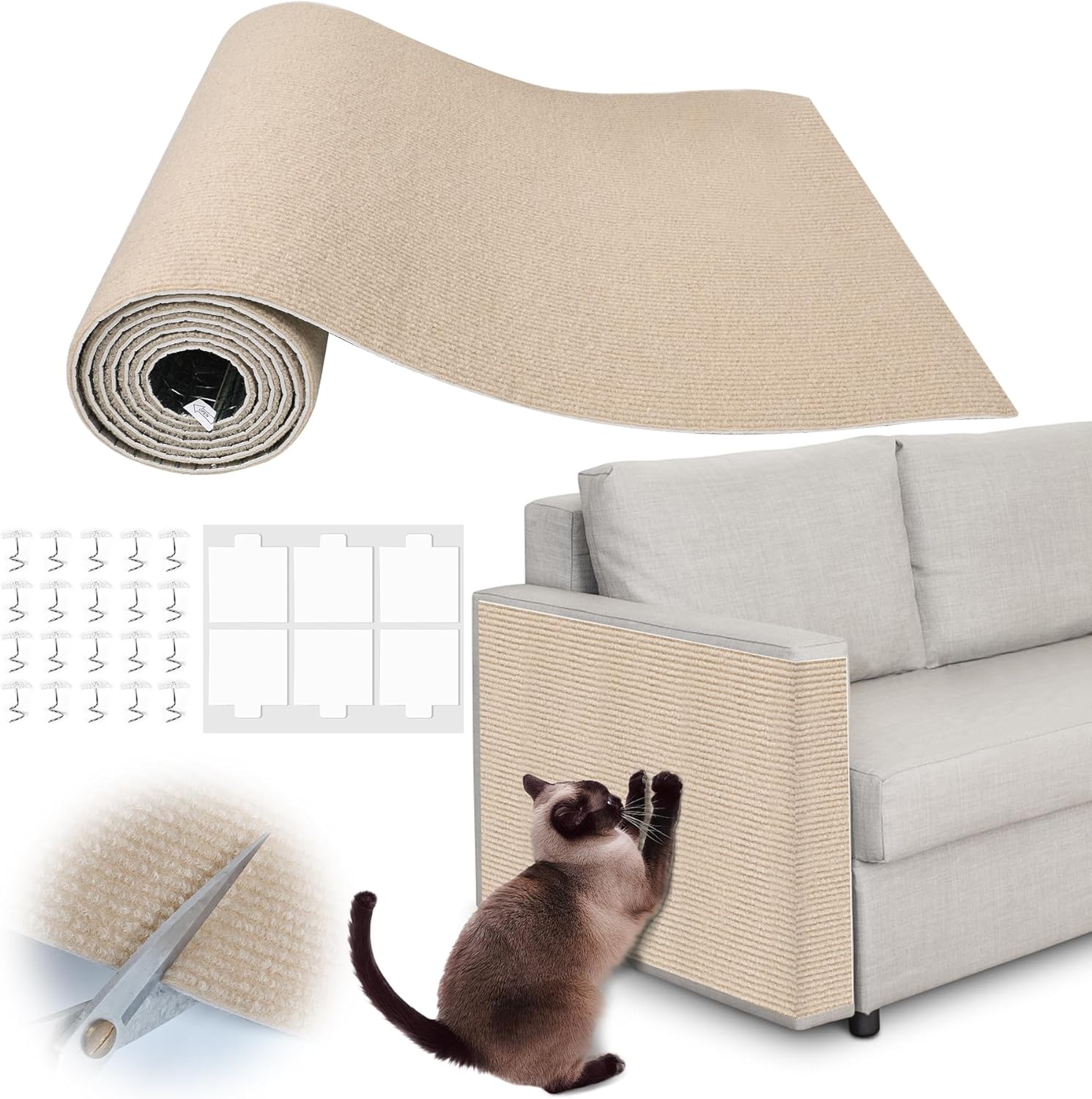 Inchoco 78.7" x 15.8" Trimmable Self-Adhesive Cat Scratching Pad - Khaki Furniture Protector for Couches, Cat Trees & Scratch Posts