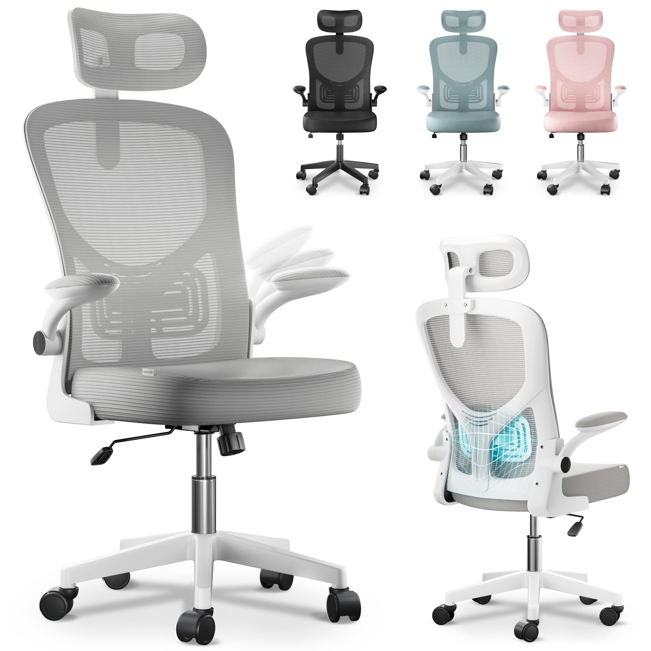 JUPPLIES Silla Escritorio Ergonómica con Soporte Lumbar, Reclinable 120°, Reposacabezas Ajustable, Reposabrazos Abatibles, Malla Transpirable, Ruedas 360°, Altura Regulable, Soporta 120 kg