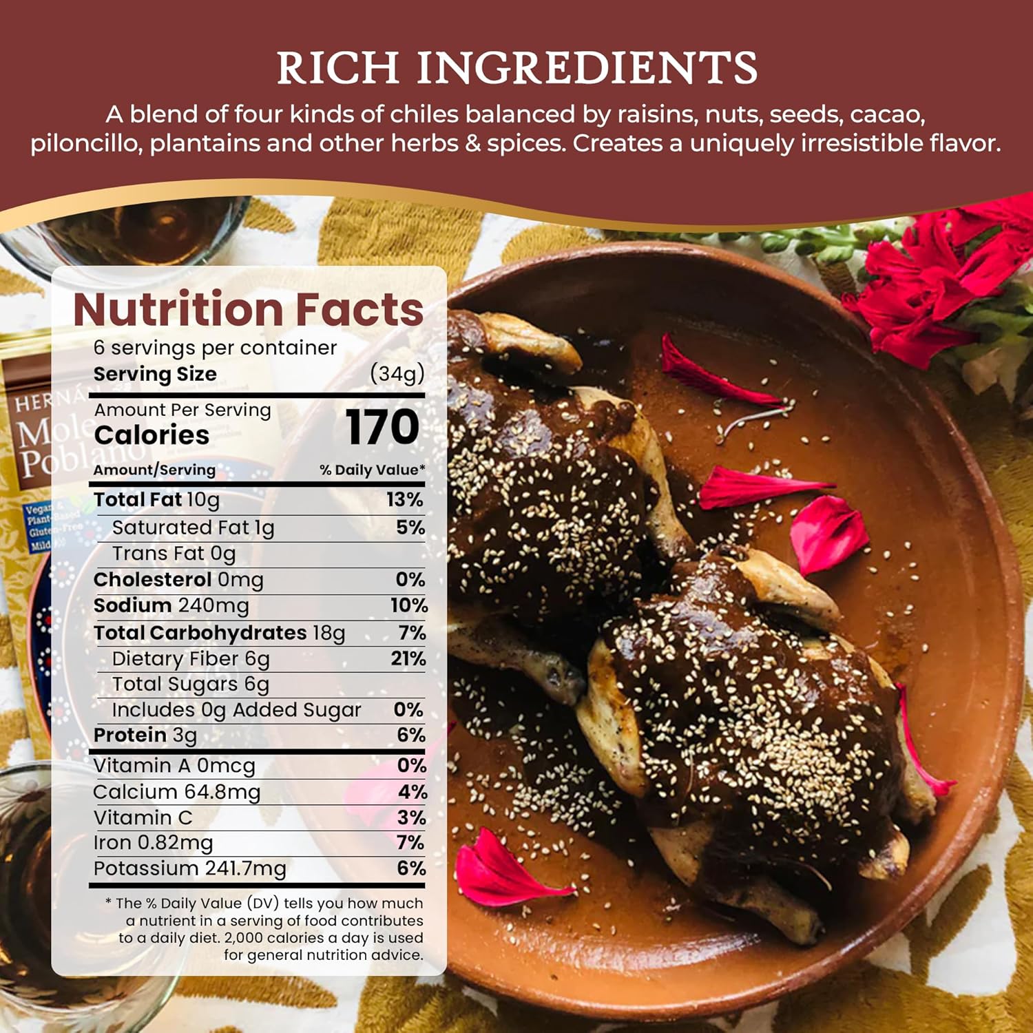 HERNÁN Mexico Mole Poblano Paste – Authentic Mexican Sauce Made in Mexico – Vegan, Gluten-Free | 27 Natural Ingredients – Chocolatey & Spicy Flavor Serves 6 | 7.2 oz (6 Pack)