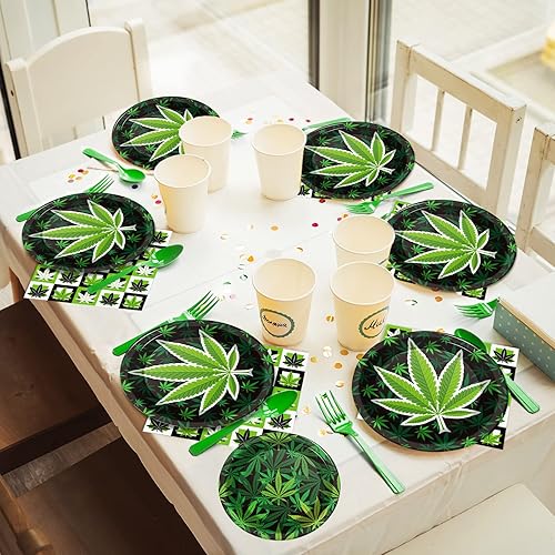 Miniatura 7 de gisgfim 96 piezas de platos y servilletas de fiesta con temática de marihuana, suministros de fiesta, hojas verdes, juego de vajilla para fiesta de