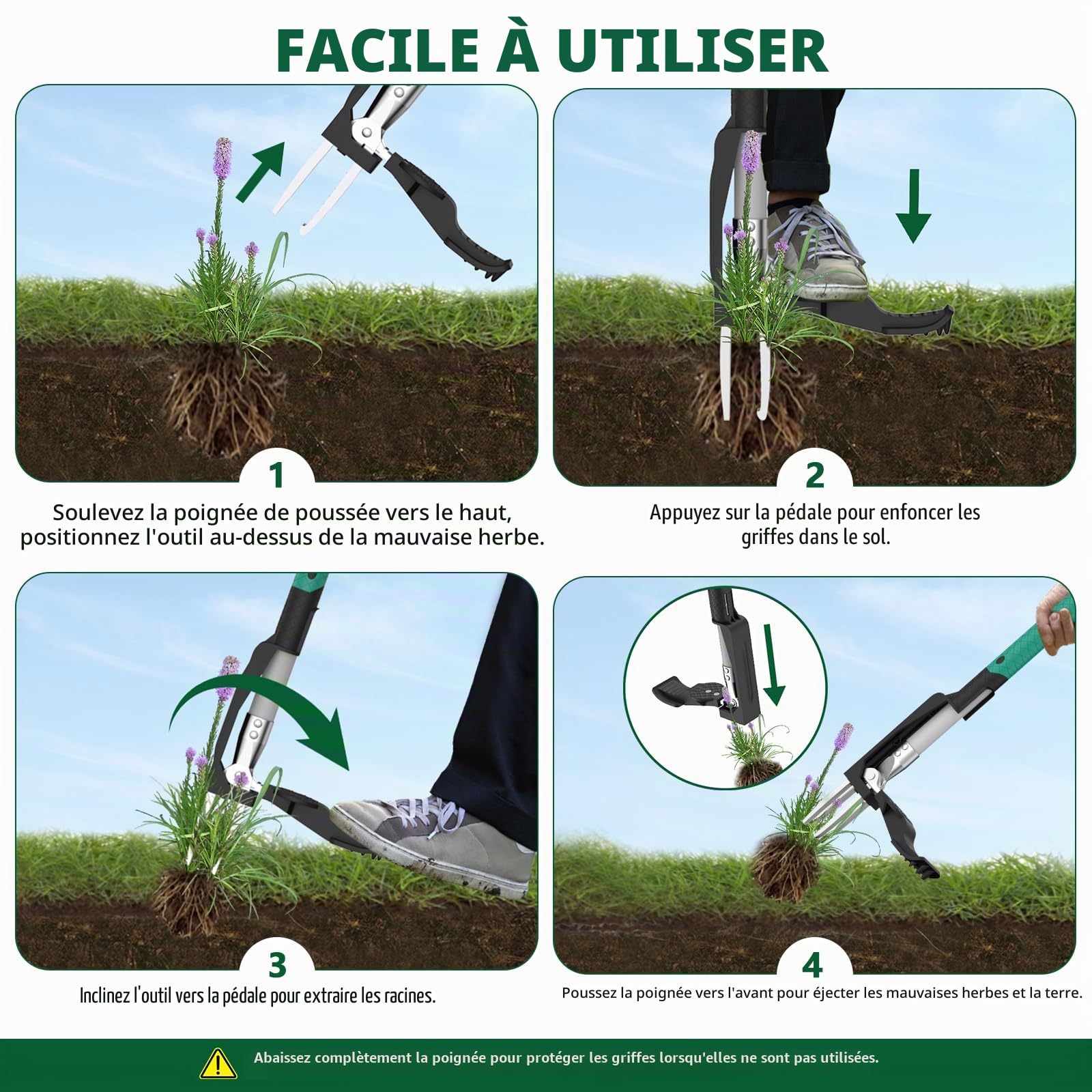 Desherbeur Manuel, Outil Desherbage Mauvaise Herbe pour Le Jardin avec 4 Griffes, Désherbeurs Manuels Debout, Outil de Désherbage à Long Manche Sans se Pencher ou S'agenouiller