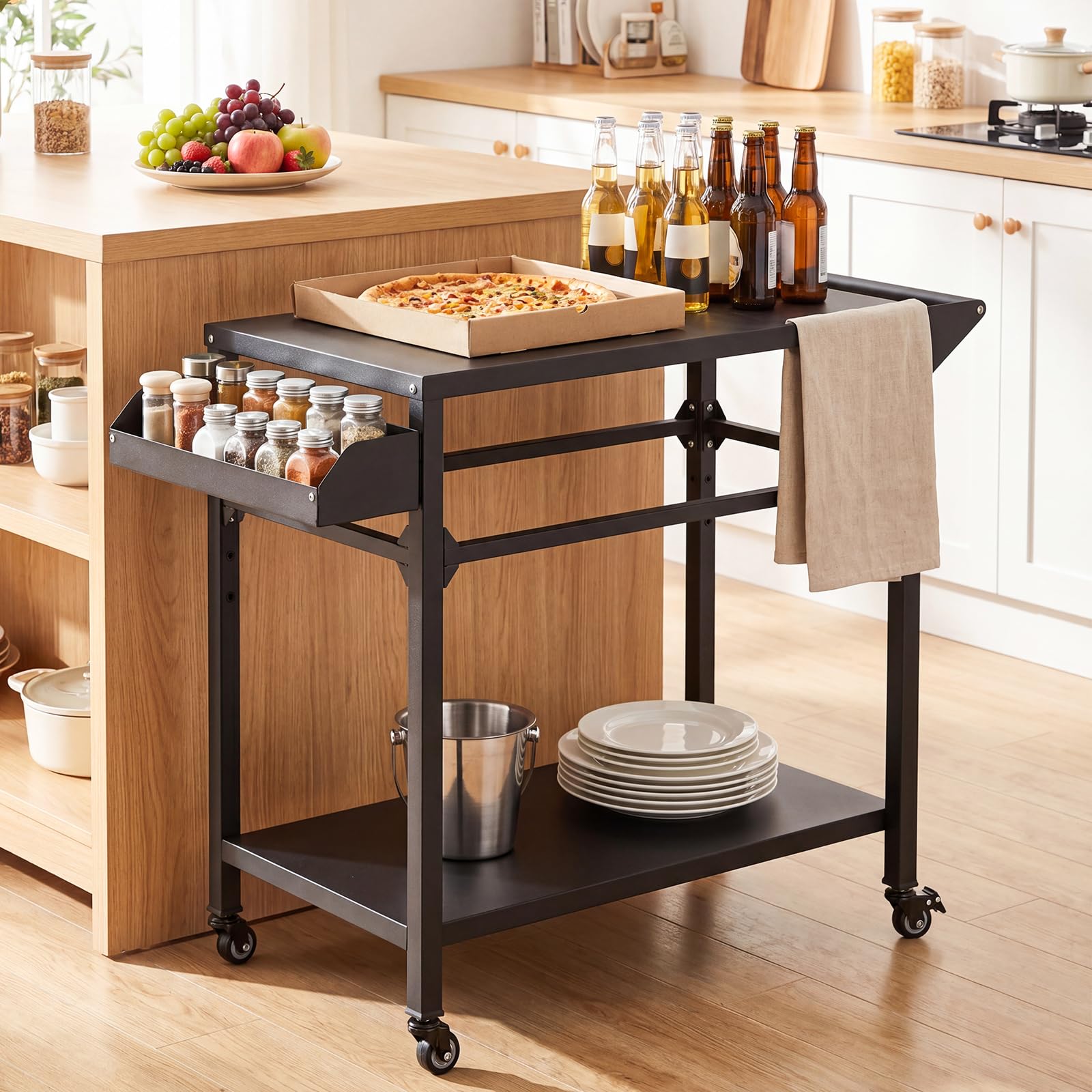 COSTWAY Grillwagen Outdoor, Grilltisch auf Rollen, Pizzatisch mit 2 Ablagen, Griff & Gewürzregal, Servierwagen Metall, Grill Beistelltisch wetterfest, für BBQ Partys, 100 x 45 x 80 cm, Schwarz