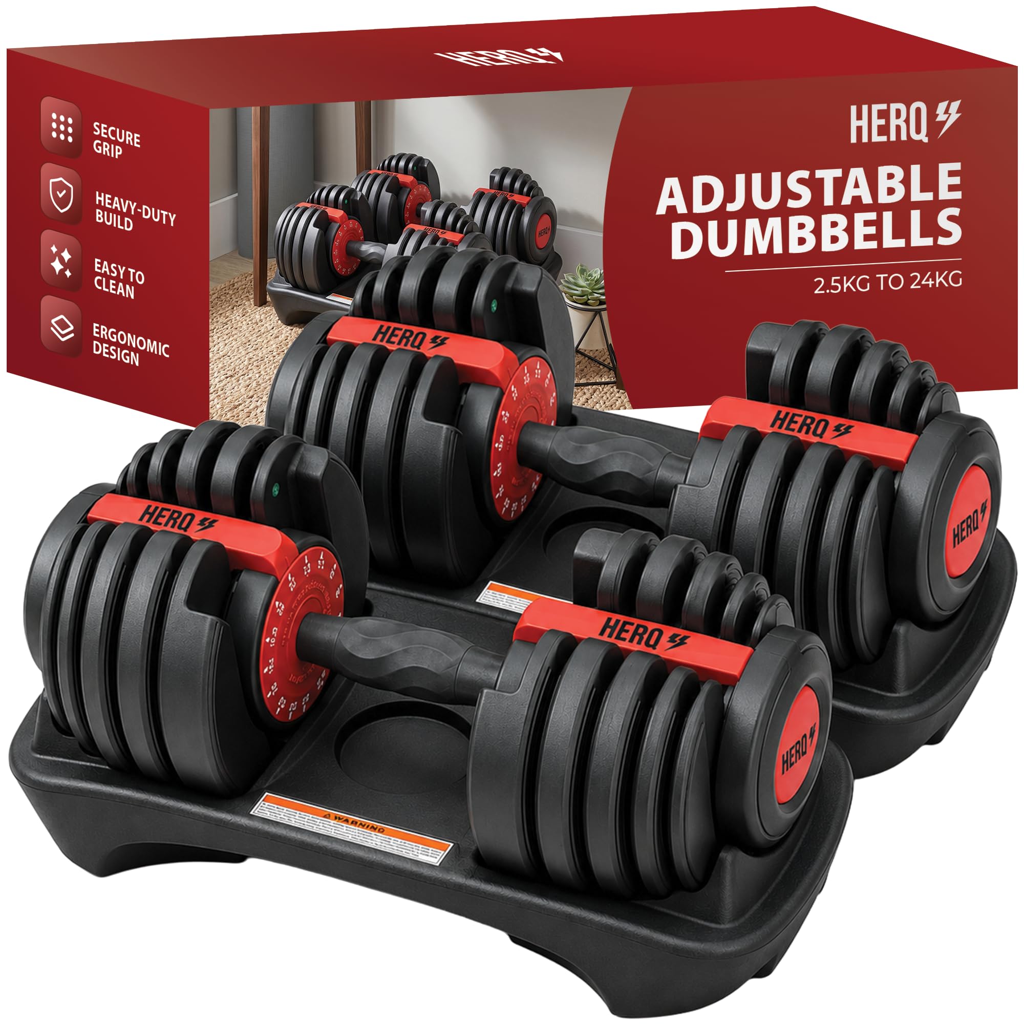 HERQ 48kg Adjustable Dumbbells Pair 15-in-1 | Quick Adjust Dumbbell Set with Storage Dock | Free Weights & Hand Weights Set for Home Fitness, Strength Training, Full Body Workouts, Men & Women 2x24kg