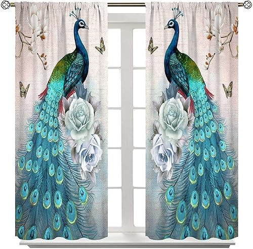 Miniatura 150 de Cortina opaca con estampado de pavo real, con estampado de animales retro, con bolsillo para cortinero y flores de peonía doradas, para dormitorio,
