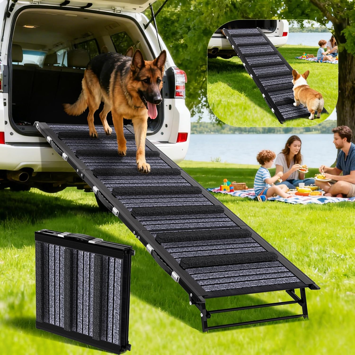 Dog Ramp for Car, SUV & Truck - Portable Pet Ramp Steps with Anti-Slip Ladder Non-Slip Surface, Extra Wide Steps for Large Dog Up to 250LBS, 63" L x 17.3" W Surface for SUV, Truck, Bed, Couch