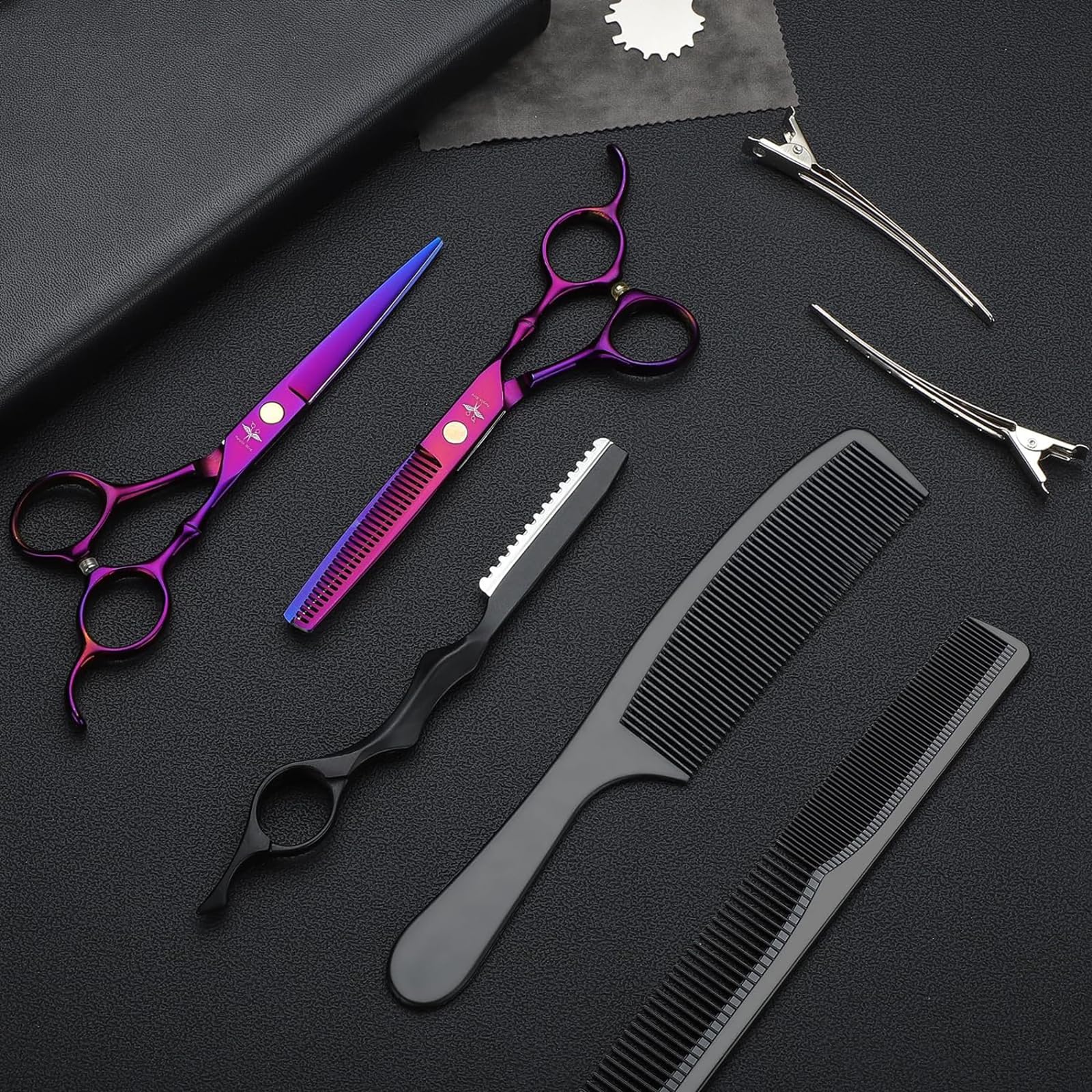 PURPLEBIRD Haarschneideschere, Profi Haarschere Friseurschere Set aus Edelstahl Haarschneideschere und Effilierschere für Barbier/Friseur/Anfänger 10 Stück (Lila)