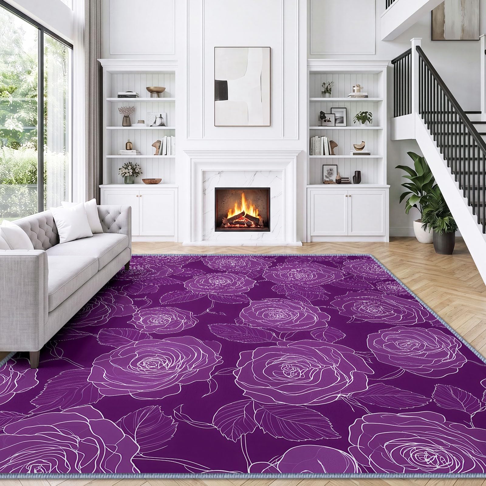 Tapis Lavable en Machine 80 x 150 cm Dessin Au Trait Fleurs Roses Tapis Antidérapant en Flanelle Idéal pour Enfants et Animaux – Moquette de Chambre Doux, Poils Courts, Entretien Facile, Violet