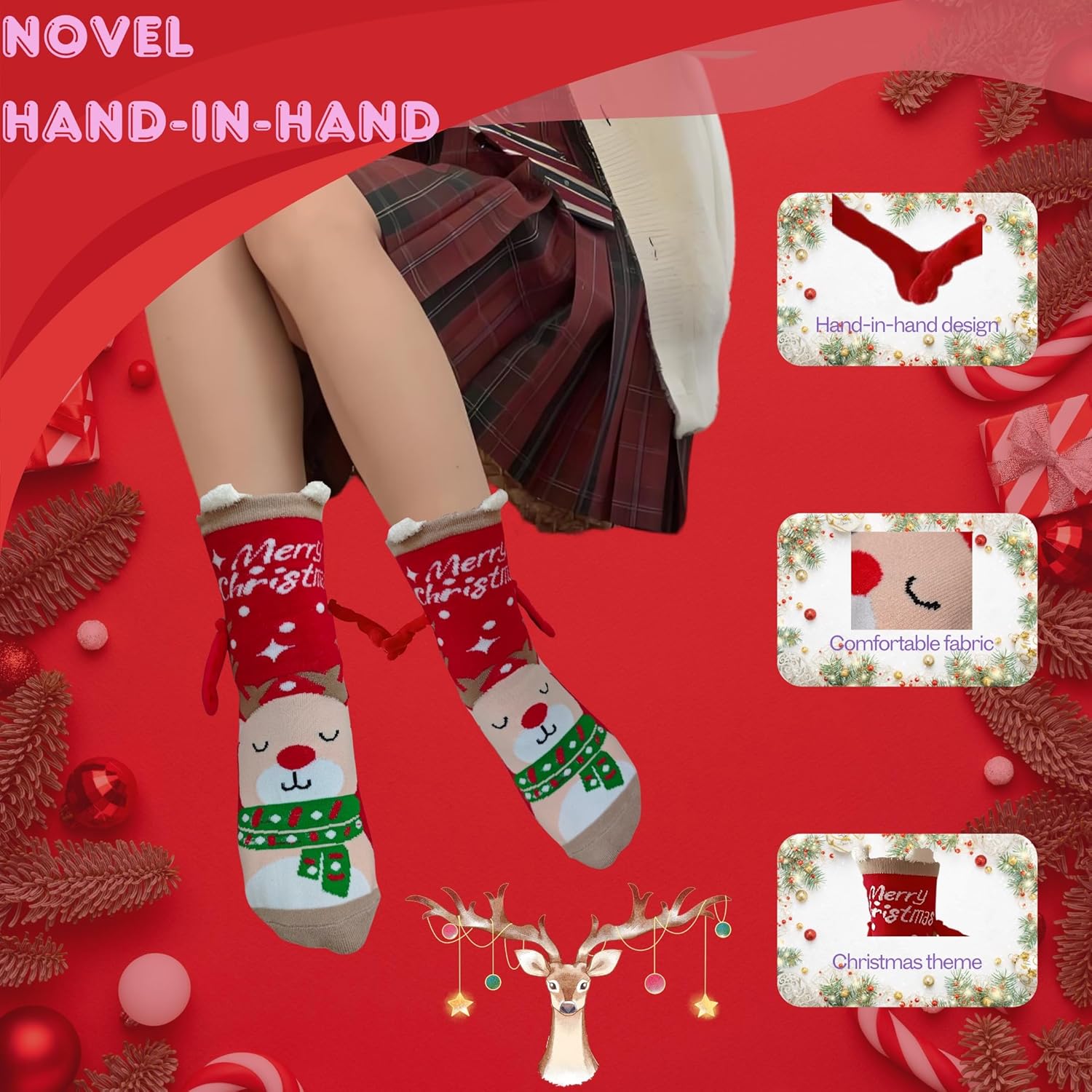 Funny Magnetic Holding Hands Christmas Socks for Couples and Friends, Unique Holiday Socks for Christmas and Special Moments - Image 3
