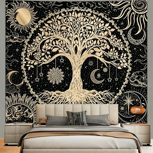 Miniatura 9 de Avinyl Tapiz de Pared Árbol de la Vida para Dormitorio, Tapices Hippie de Sol y Luna Estéticos, Colgante de Pared Negro y Dorado Decoración del