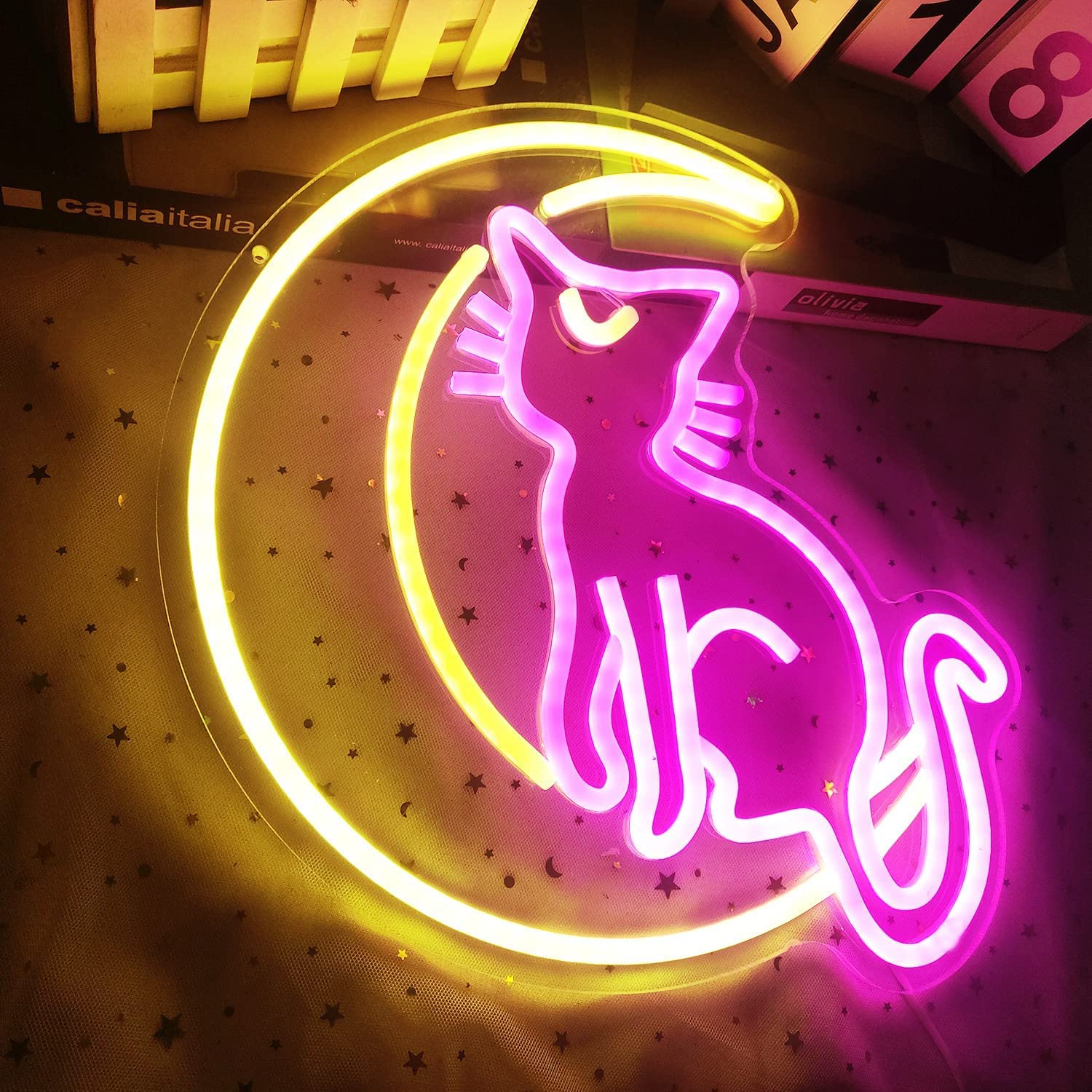 Amazon.co.jp: 猫ネオンサイン アニメ月ネオンサイン 調光可能 led 