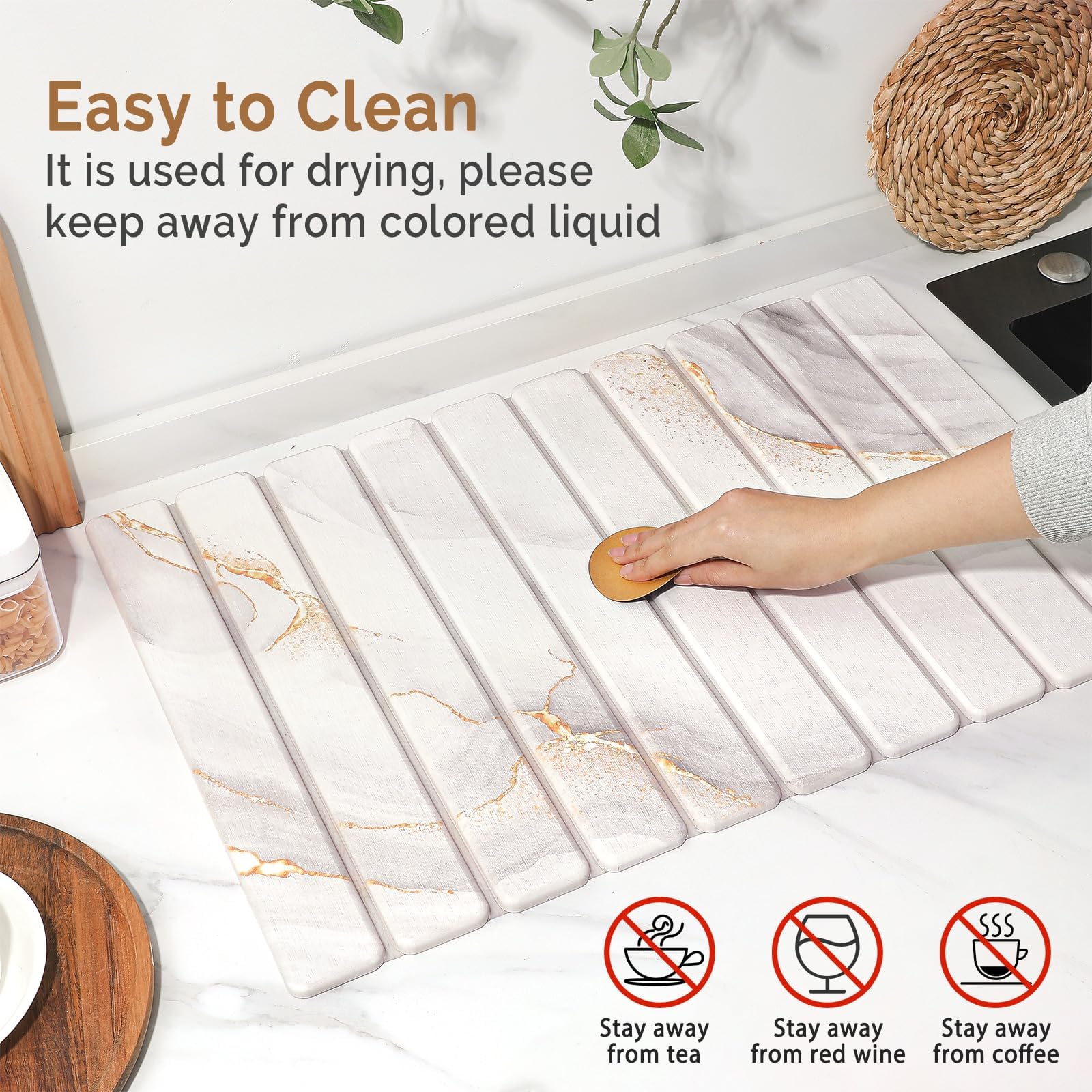 2 PCS|Large Stone Dish Drying Mat for Kitchen Counter,Quick Dry Stone Dishes Mats,Marbled Water Absorbing Diatomaceous Earth Drying Pad for Countertop Bottles Utensils Cups, White Gold 24