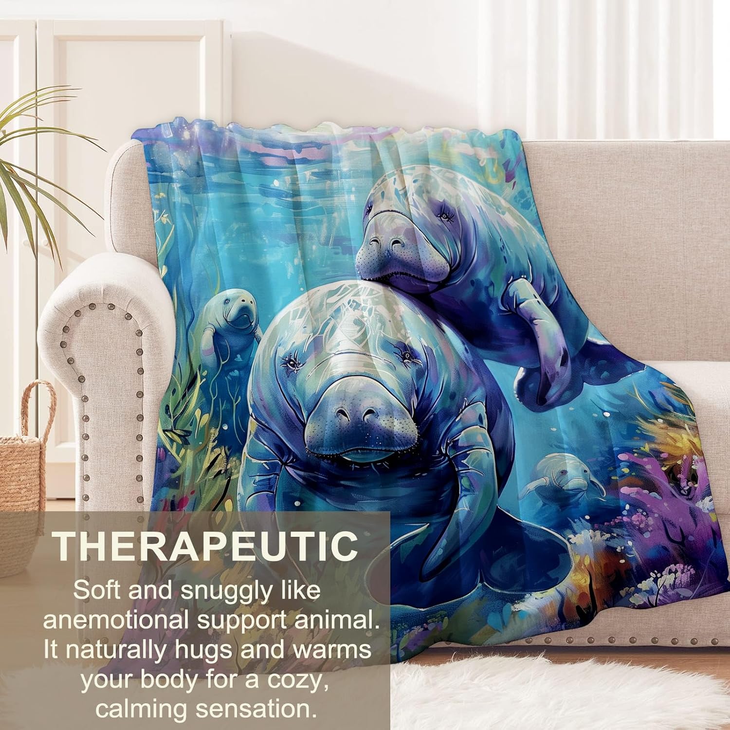 Realistic Manatee Blanket for Kids Boys and Ocean Lovers, Flannel Blankets Gifts, Coral and Sea Animal Throw for Sofa Couch Bed Living Room, Soft Warm Cozy Home Cabin Decor 60" x 50" - Image 3